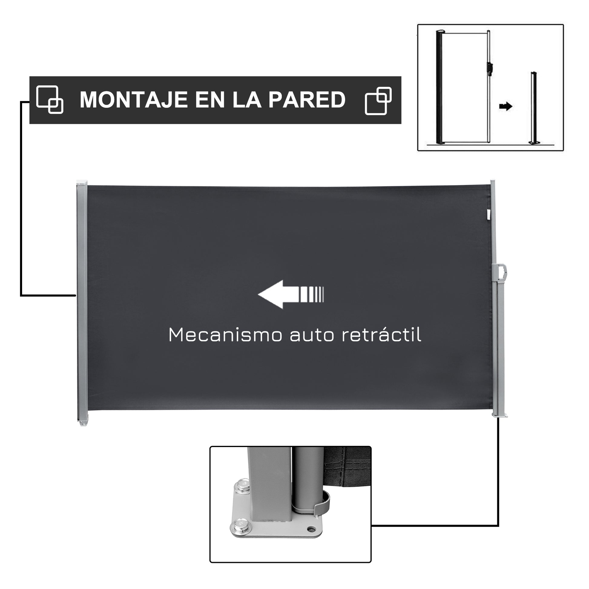 Outsunny Toldo Lateral Retráctil 300x180 cm Pantalla Enrollable Mampara de Privacidad Impermeable y Anti-UV Protege la Privacidad para Jardín Balcón Terraza Gris