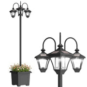 Outsunny Farola Solar Exterior de Jardín con Macetero 3 Cabezales Impermeable IP44 Encendido/Apagado Automático y Altura Ajustable Luz Solar de Exterior LED para Terraza Patio 52x52x185 cm Negro