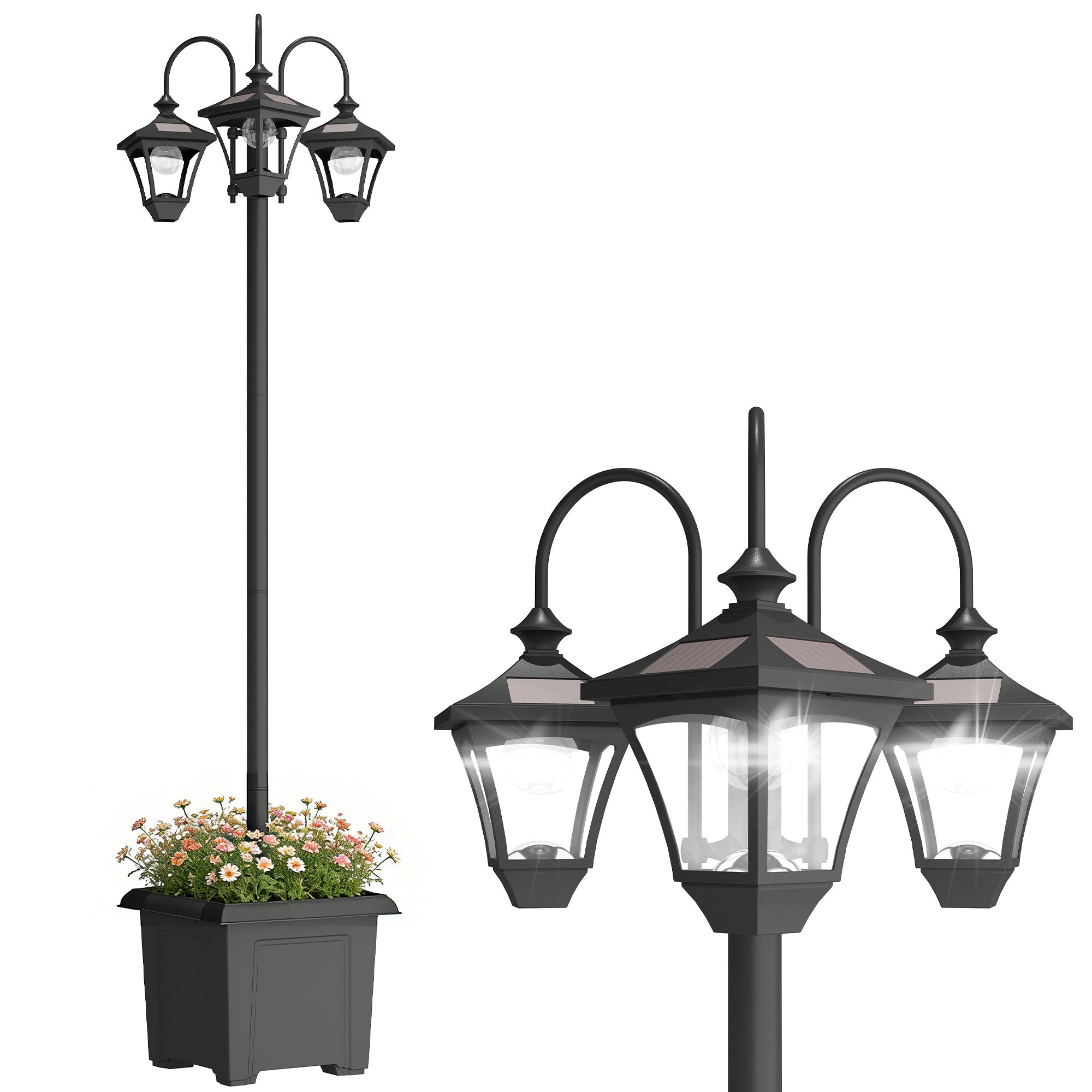 Outsunny Farola Solar Exterior de Jardín con Macetero 3 Cabezales Impermeable IP44 Encendido/Apagado Automático y Altura Ajustable Luz Solar de Exterior LED para Terraza Patio 52x52x185 cm Negro