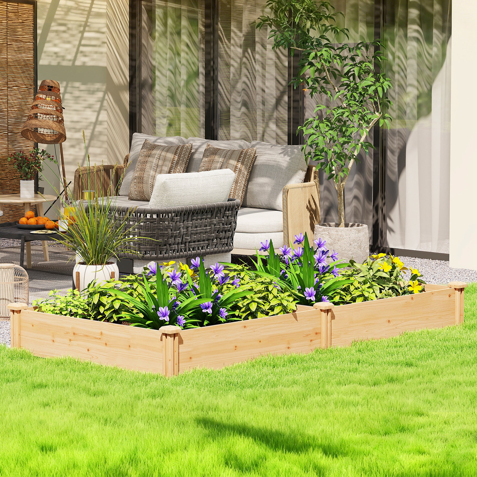 Outsunny Jardinera Elevada de Madera, Huerto Urbano para Cultivar Plantas, Macetero Exterior con Divisor y Base Abierta, Pintura DIY, para Jardín, Terraza, 235x121x26 cm, Natural