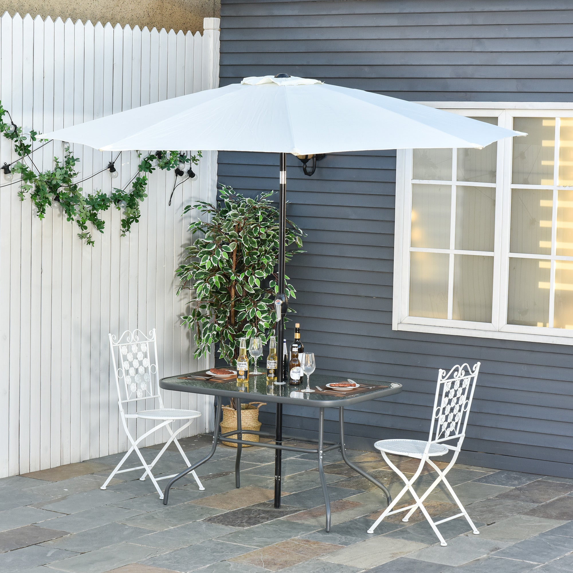 Outsunny Mesa de Jardín Exterior Rectangular de Metal Bordes Curvos con Orificio para Sombrilla Capacidad 70kg Vidrio Templado 120x80x70 cm Gris Carbón