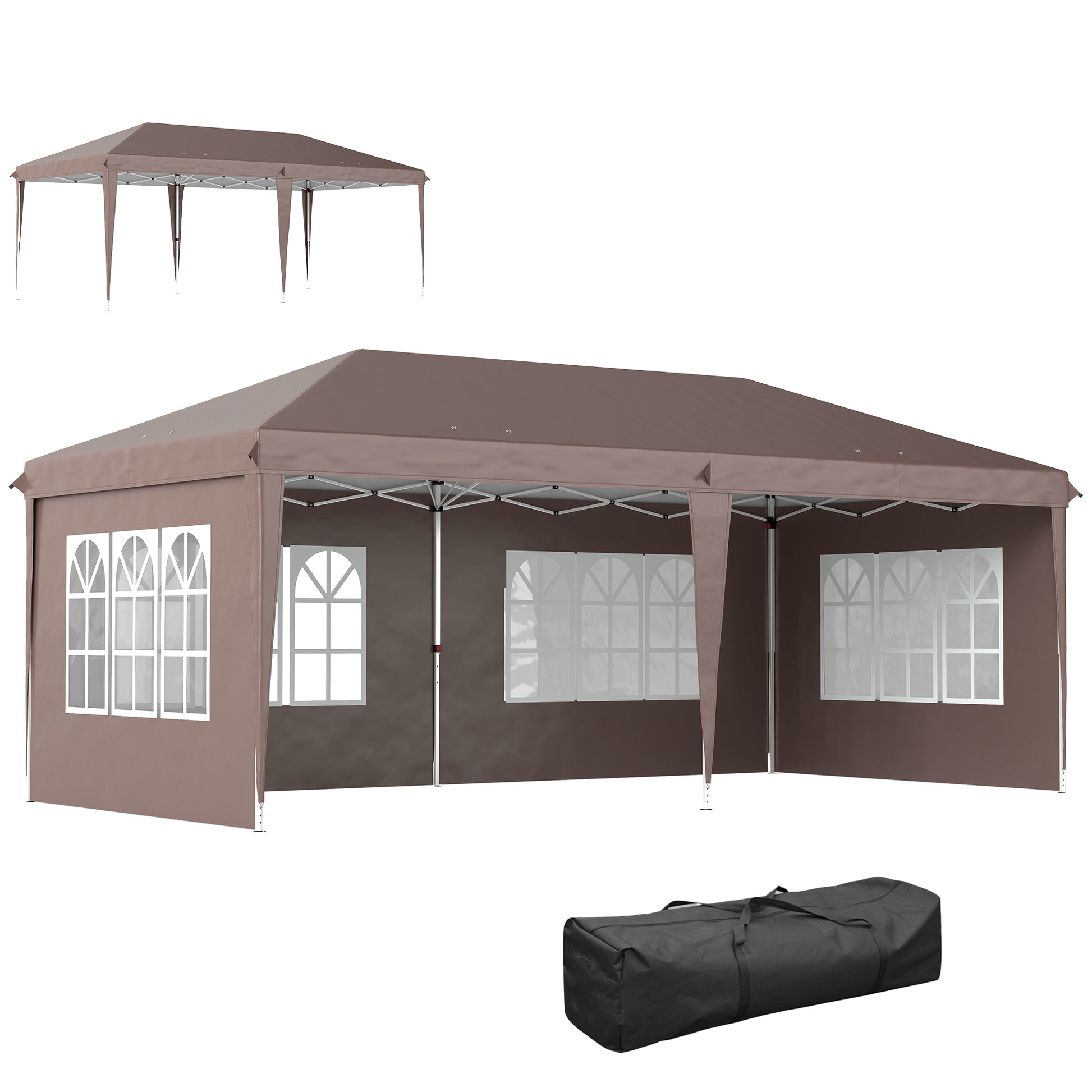 Outsunny Carpa Plegable 6x3 m, Pop-up, con 4 Laterales Desmontables, Cenador de Jardín con 4 Ventanas Visibles y Bolsa de Transporte, Impermeable, Anti-UV, Gazebo para Camping, Fiestas, Exterior, Café