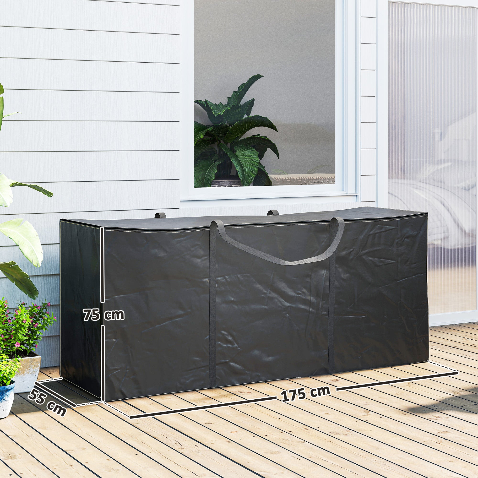 Outsunny Bolsa de Almacenamiento para Cojines de Jardín Impermeable, Bolsa de Almacenamiento para Árbol de Navidad, Oxford 600D Resistente con Asas, Funda de Cojines para Exterior, 175x55x75 cm, Negro