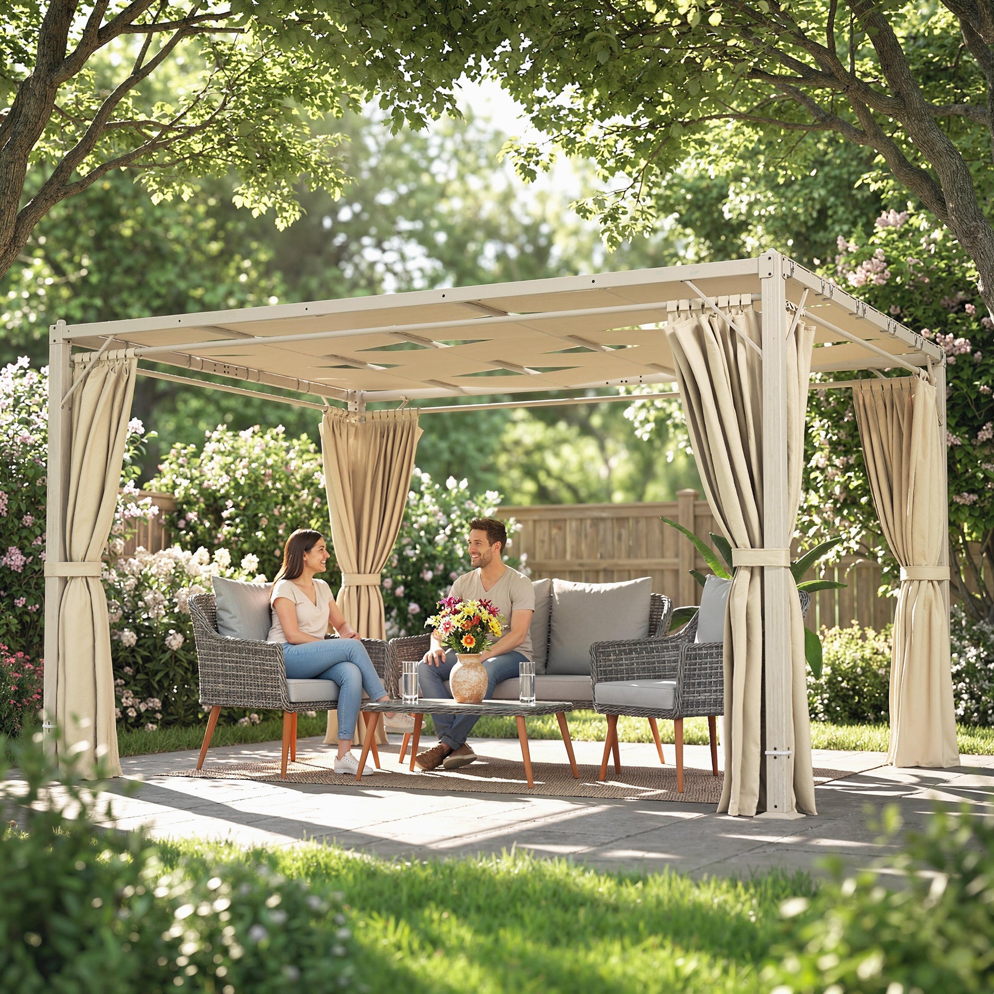 Outsunny Pérgola de Jardín 3x4 m, Cenador de Jardín con Techo Ondulado, 4 Cortinas Extraíbles, Protección UPF50+ y Estructura de Acero Resistente, Pabellón para Exterior, Patio, Terraza, Beige