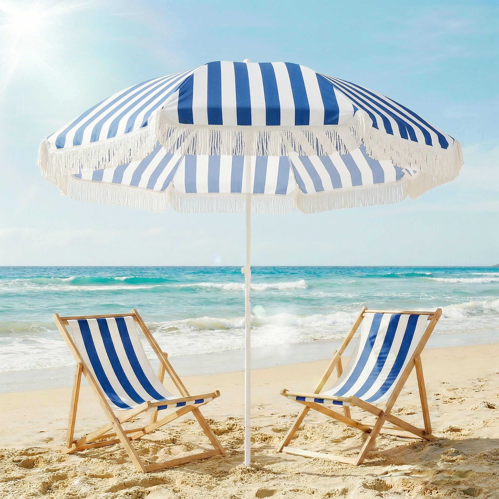 Outsunny Sombrilla de Playa con Flecos Ø180 cm, Sombrilla de Terraza Exterior con Altura Ajustable, Inclinación 30°, Anclaje Arena y Bolsa de Transporte, Azul y Blanco