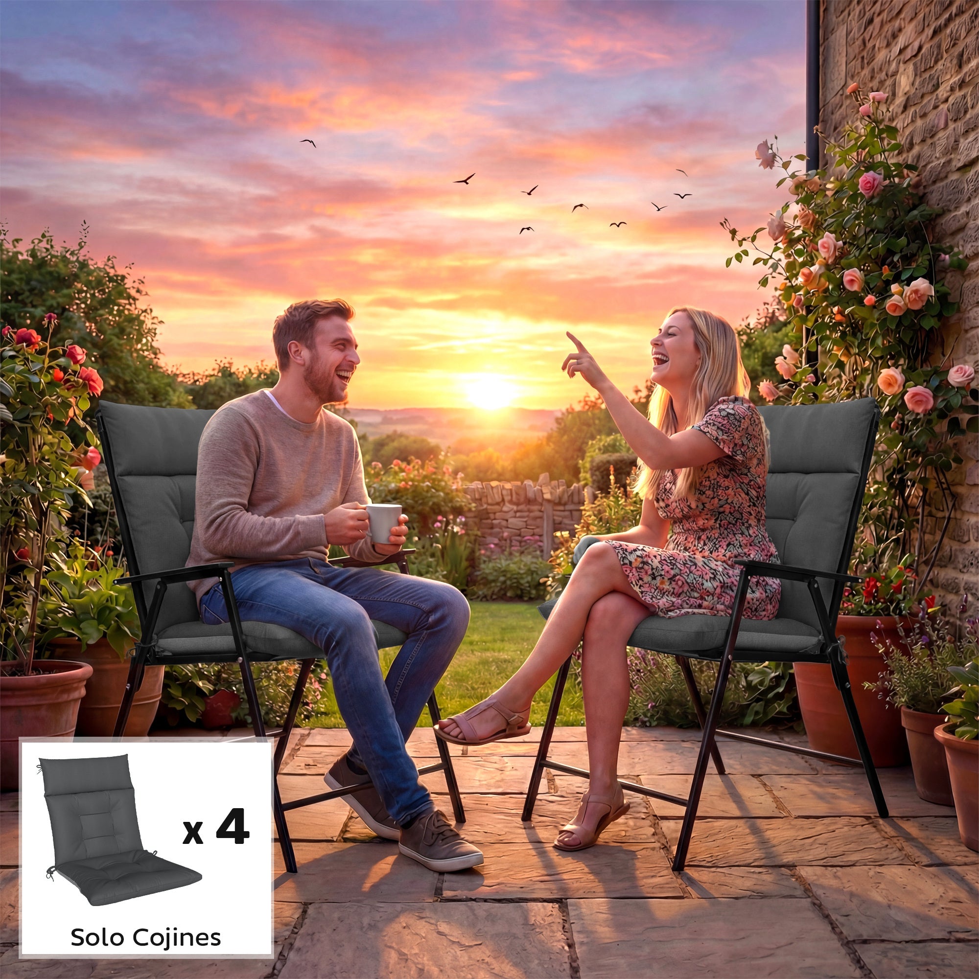 Outsunny Set de 4 Cojines para Sillas, Cojines para Jardín, Colchones de Banco con Respaldo, Correas, Impermeables y Antideslizantes, para Interior y Exterior 112x53x8 cm, Gris Oscuro