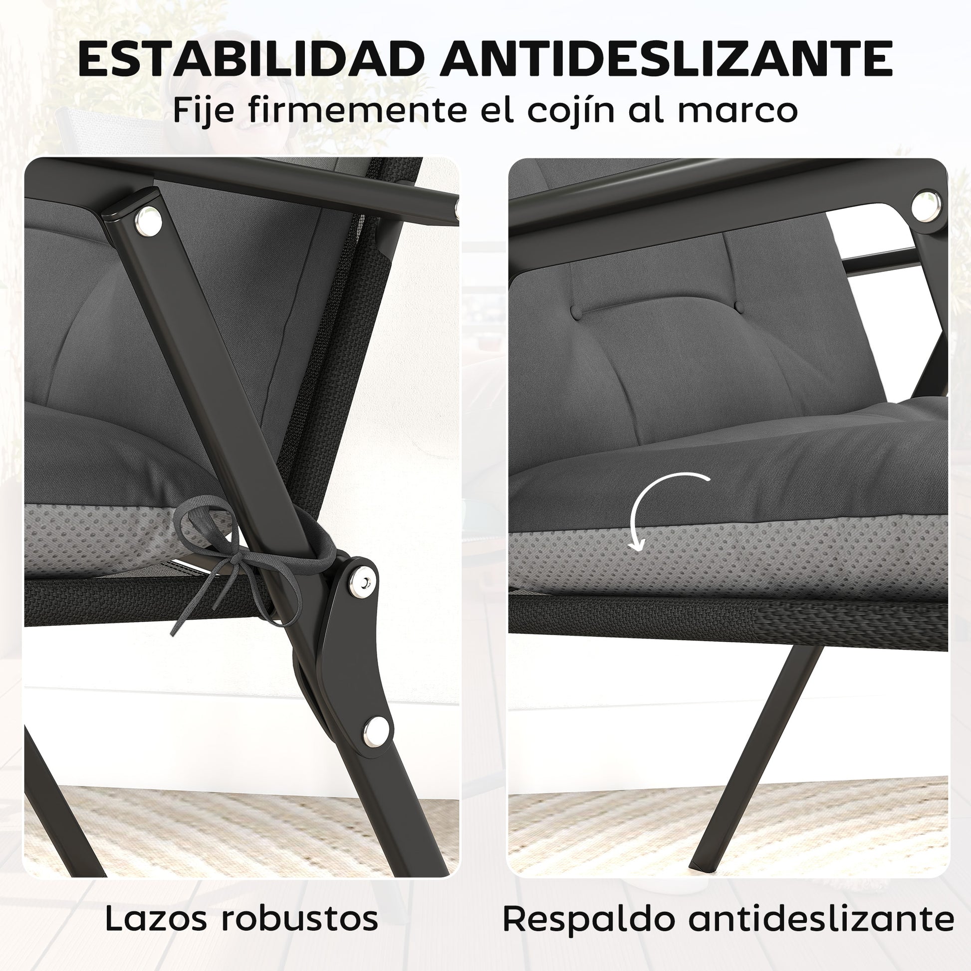 Outsunny Set de 4 Cojines para Sillas, Cojines para Jardín, Colchones de Banco con Respaldo, Correas, Impermeables y Antideslizantes, para Interior y Exterior 112x53x8 cm, Gris Oscuro