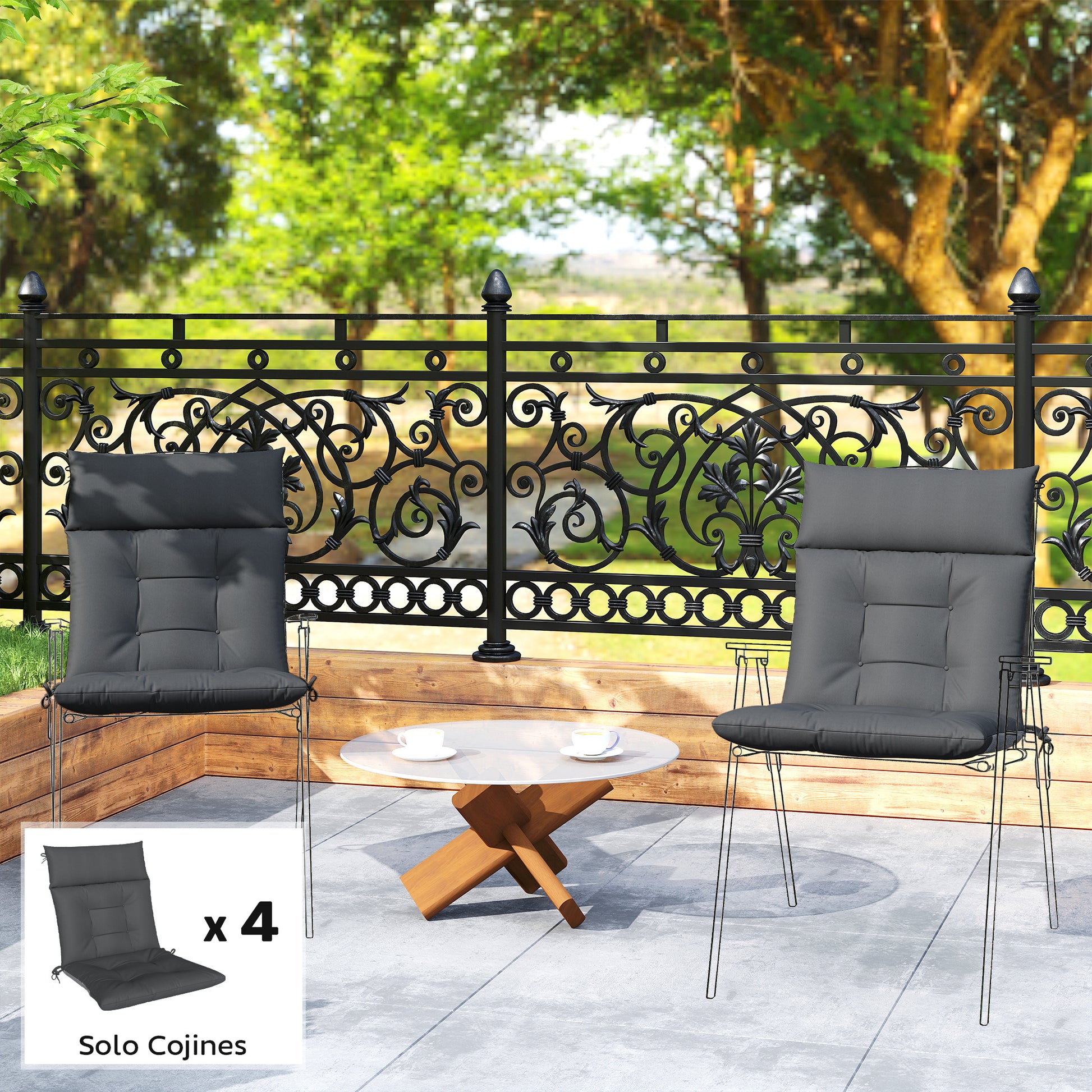 Outsunny Set de 4 Cojines para Sillas, Cojines para Jardín, Colchones de Banco con Respaldo, Correas, Impermeables y Antideslizantes, para Interior y Exterior 112x53x8 cm, Gris Oscuro