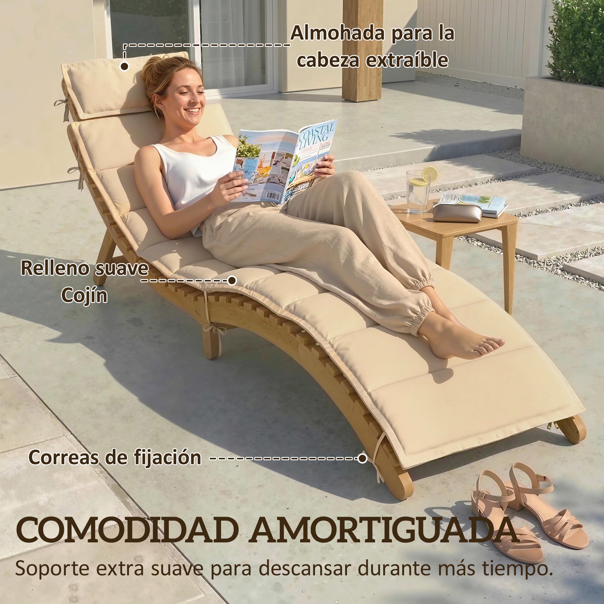 Outsunny Tumbona Plegable de Madera de Acacia con Cojín y Reposacabezas, Tumbona Jardín Exterior con Asa de Transporte, Carga 120 kg, para Patio, Terraza, Piscina, 183x54x63 cm, Beige