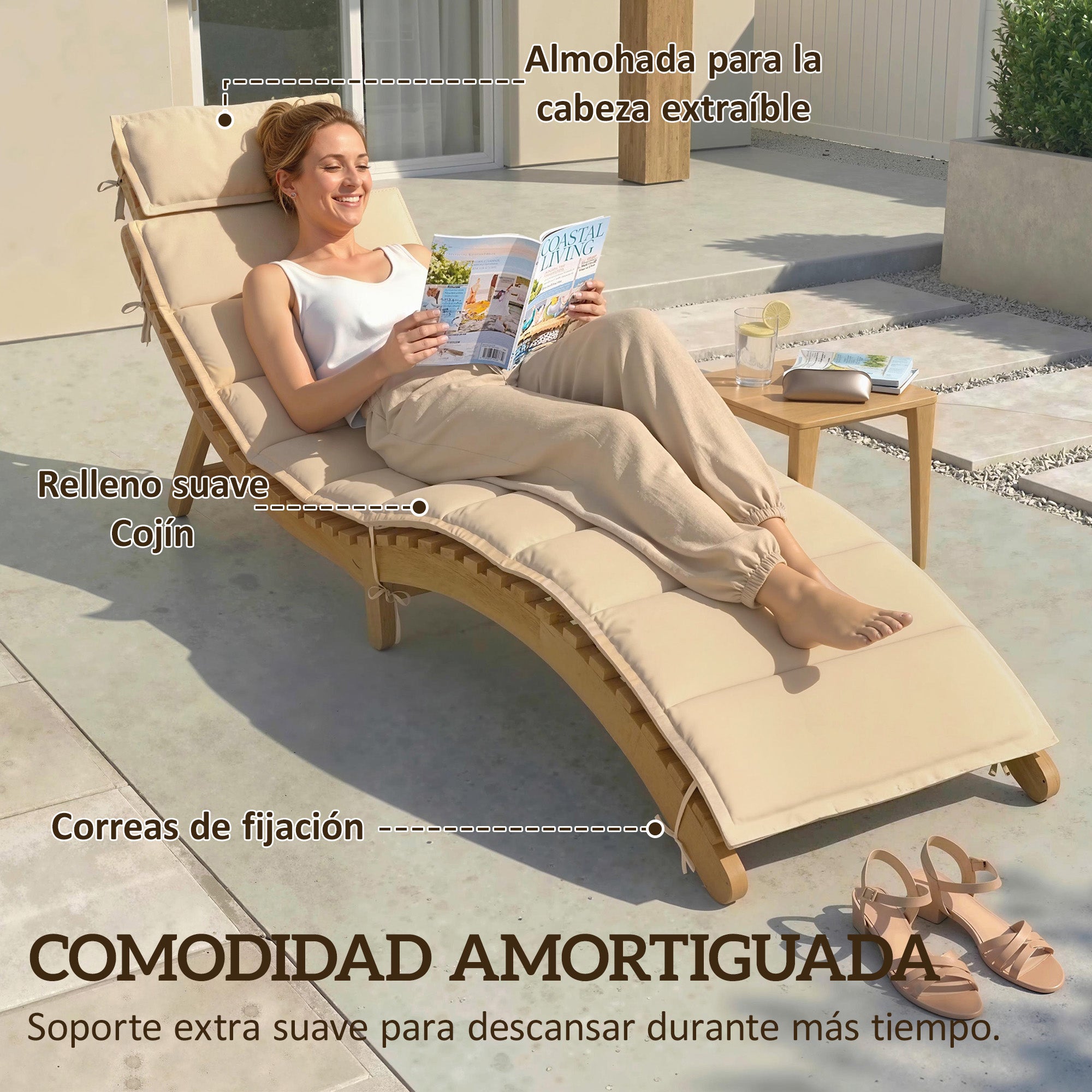 Outsunny Tumbona Plegable de Madera de Acacia con Cojín y Reposacabezas, Tumbona Jardín Exterior con Asa de Transporte, Carga 120 kg, para Patio, Terraza, Piscina, 183x54x63 cm, Beige