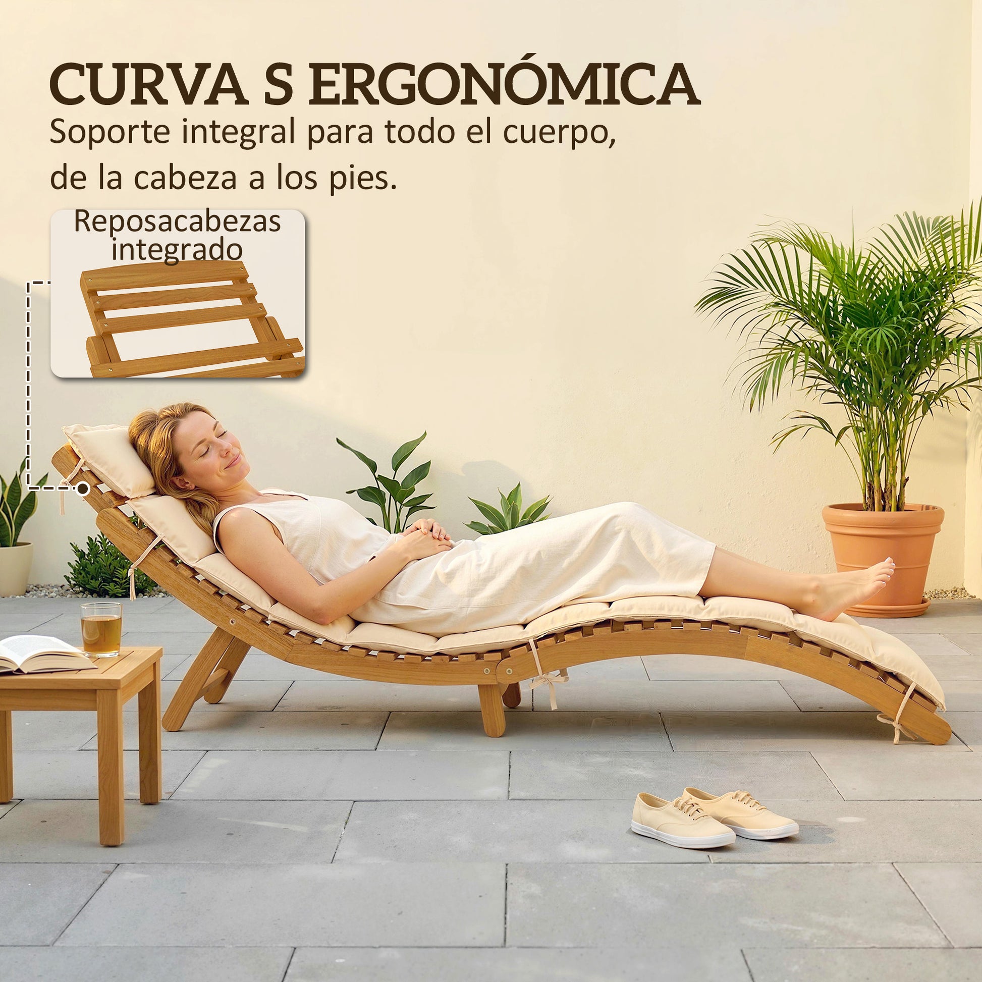 Outsunny Tumbona Plegable de Madera de Acacia con Cojín y Reposacabezas, Tumbona Jardín Exterior con Asa de Transporte, Carga 120 kg, para Patio, Terraza, Piscina, 183x54x63 cm, Beige
