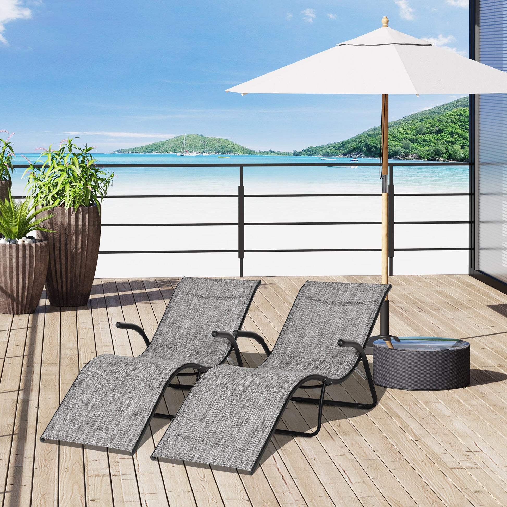 Outsunny Conjunto de 2 Tumbonas Plegables Tumbonas de Jardín con Reposabrazos Reposapiés y Respaldo Carga 160 kg para Terraza Playa Camping Exterior 170x62x68 cm Gris