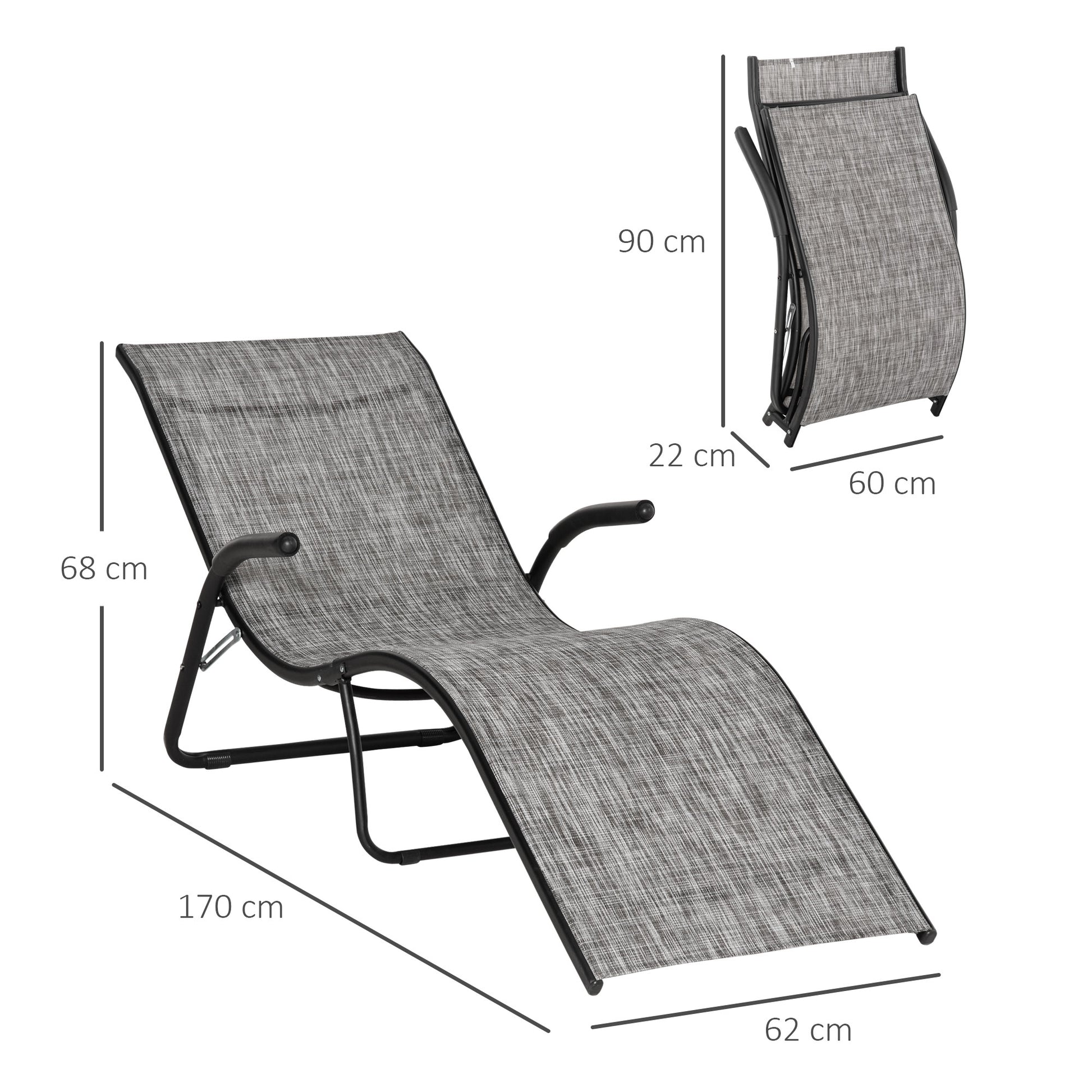 Outsunny Conjunto de 2 Tumbonas Plegables Tumbonas de Jardín con Reposabrazos Reposapiés y Respaldo Carga 160 kg para Terraza Playa Camping Exterior 170x62x68 cm Gris