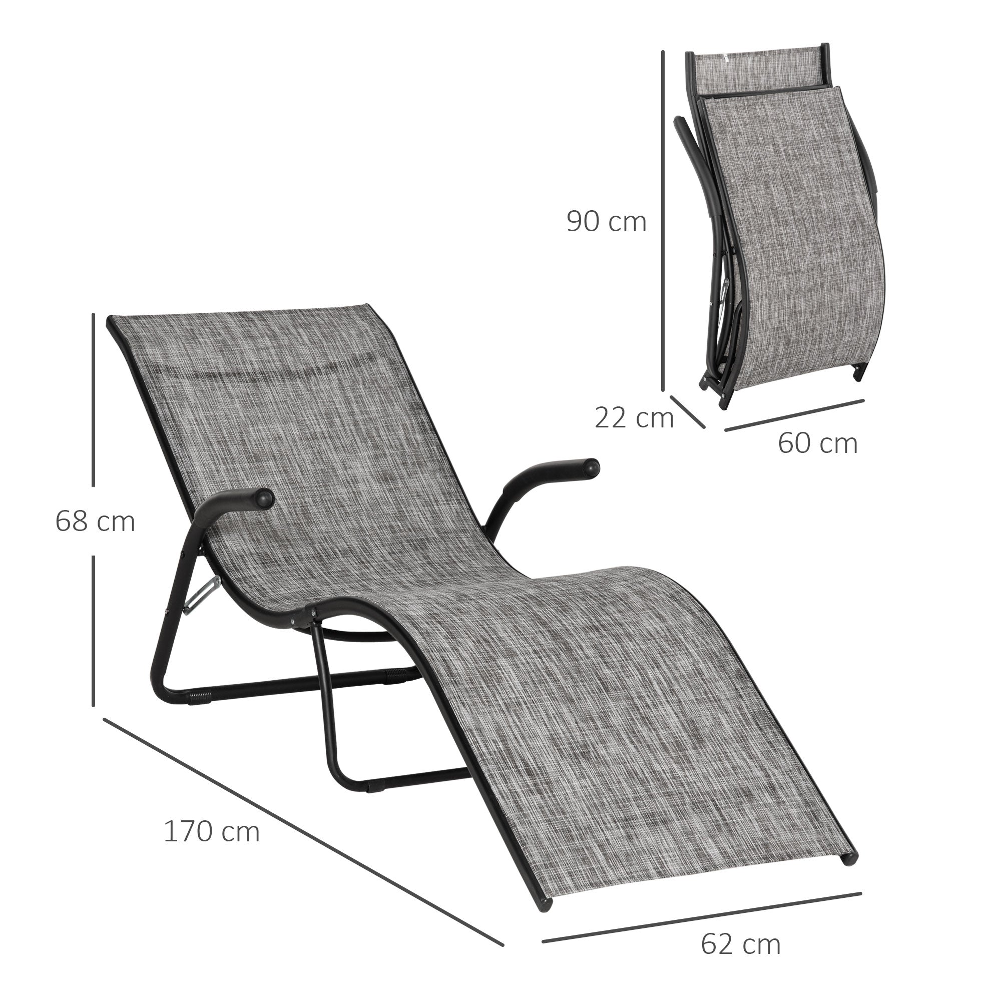 Outsunny Conjunto de 2 Tumbonas Plegables Tumbonas de Jardín con Reposabrazos Reposapiés y Respaldo Carga 160 kg para Terraza Playa Camping Exterior 170x62x68 cm Gris
