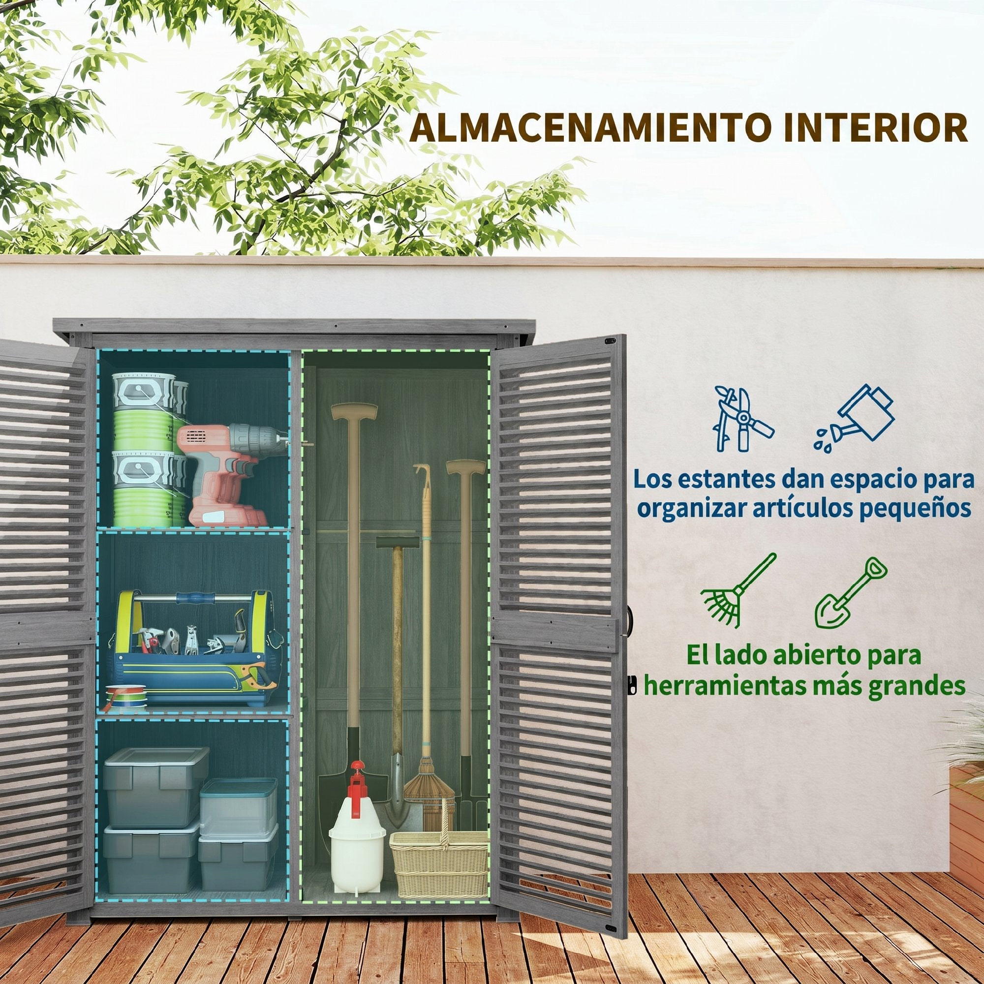 Outsunny Caseta de Jardín de Madera, 127x65x168 cm, Cobertizo Jardín Exterior, Armario para Almacenaje Herramientas, con 2 Puertas de Persiana 2 Estantes Techo Impermeable para Patio Terraza, Gris