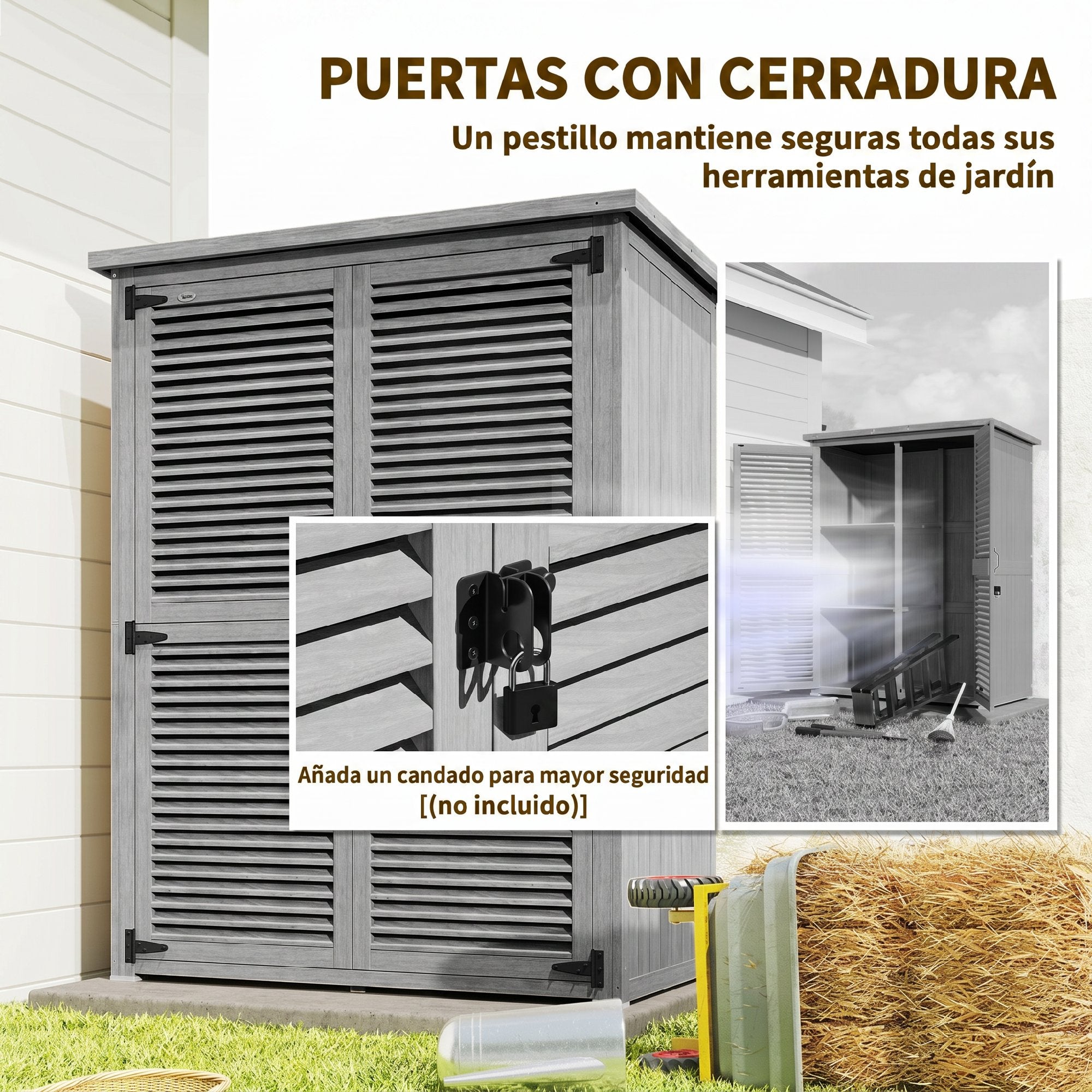 Outsunny Caseta de Jardín de Madera, 127x65x168 cm, Cobertizo Jardín Exterior, Armario para Almacenaje Herramientas, con 2 Puertas de Persiana 2 Estantes Techo Impermeable para Patio Terraza, Gris