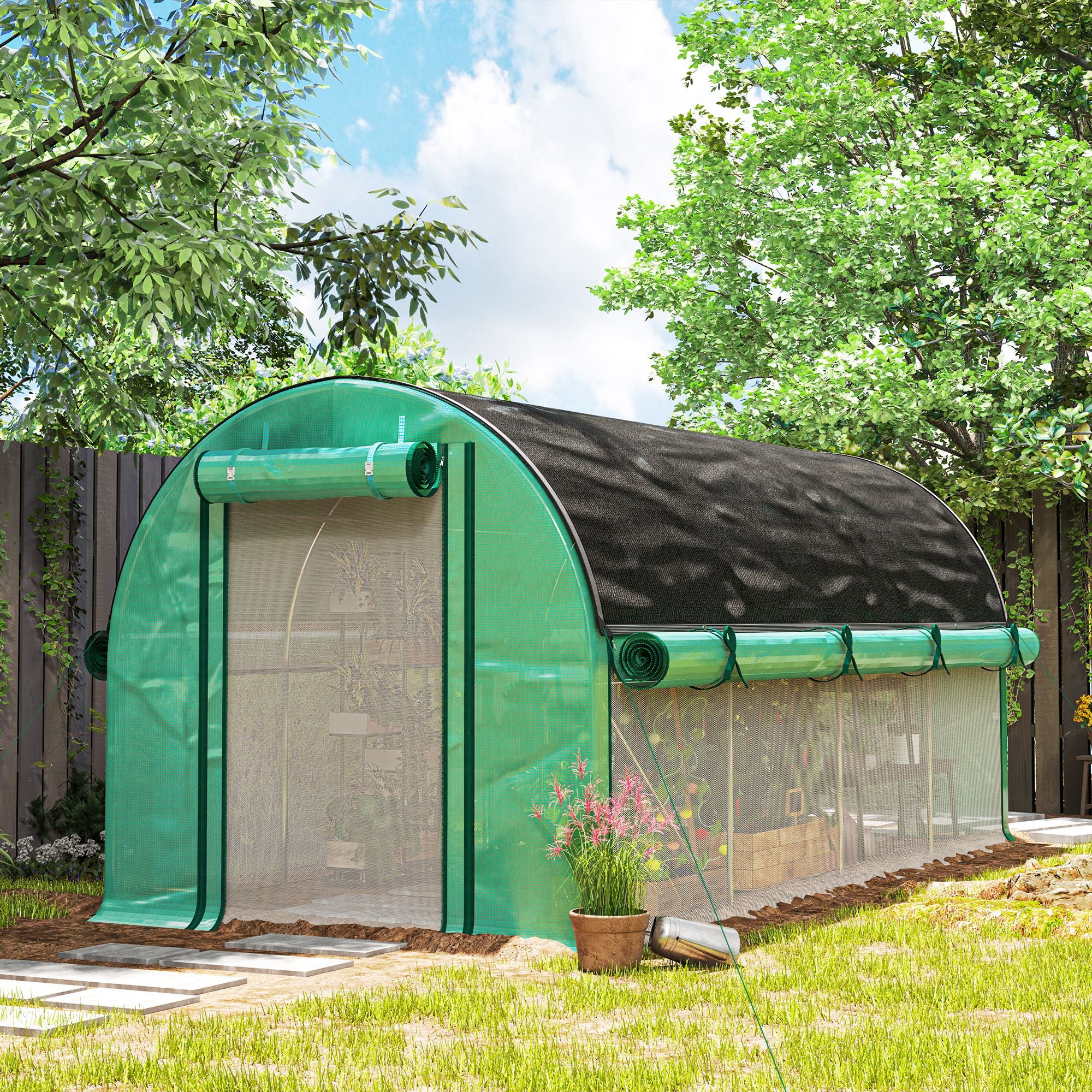 Outsunny Invernadero de Exterior 4,5x2x2 m con Cubierta Extra Invernadero de Túnel con Paredes Laterales Enrollables 8 Ventanas de Malla y 2 Puertas Enrollables Invernadero para Jardín Patio Verde