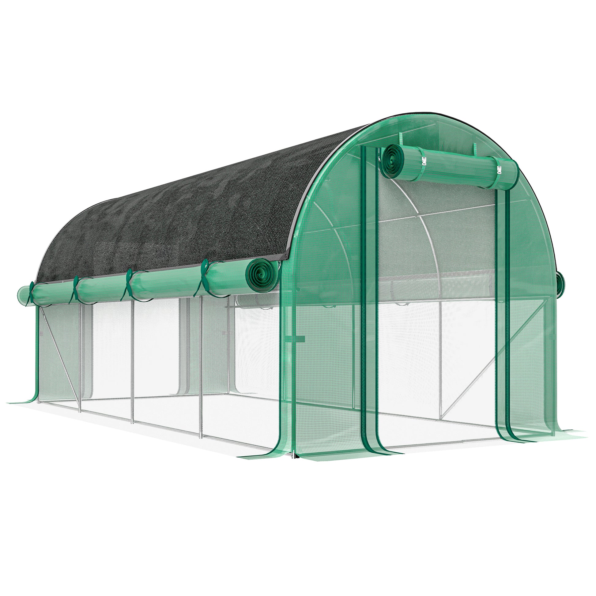 Outsunny Invernadero de Exterior 4,5x2x2 m con Cubierta Extra Invernadero de Túnel con Paredes Laterales Enrollables 8 Ventanas de Malla y 2 Puertas Enrollables Invernadero para Jardín Patio Verde