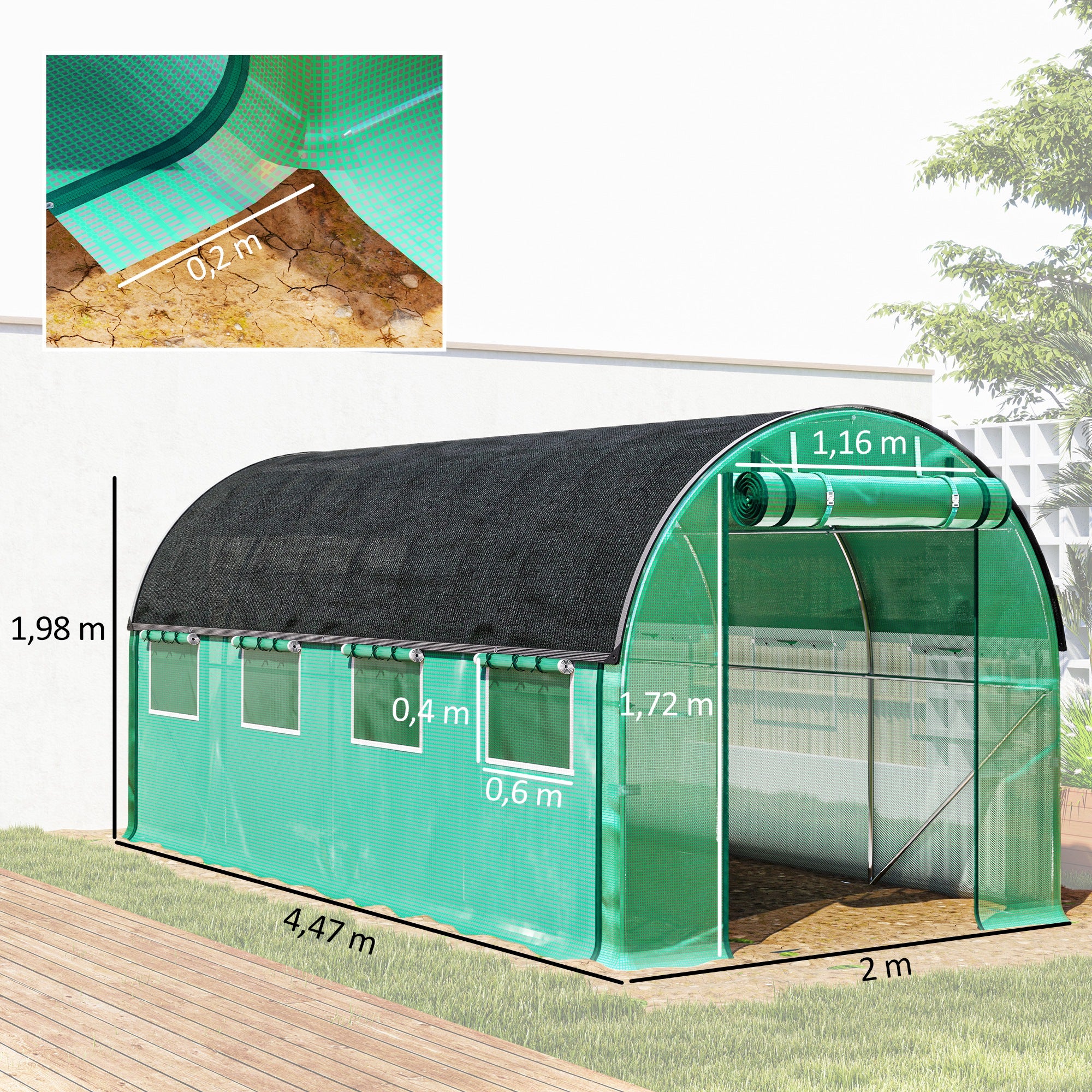 Outsunny Invernadero de Exterior 4,5x2x2 m con Cubierta Extra Invernadero de Túnel con Paredes Laterales Enrollables 8 Ventanas de Malla y 2 Puertas Enrollables Invernadero para Jardín Patio Verde