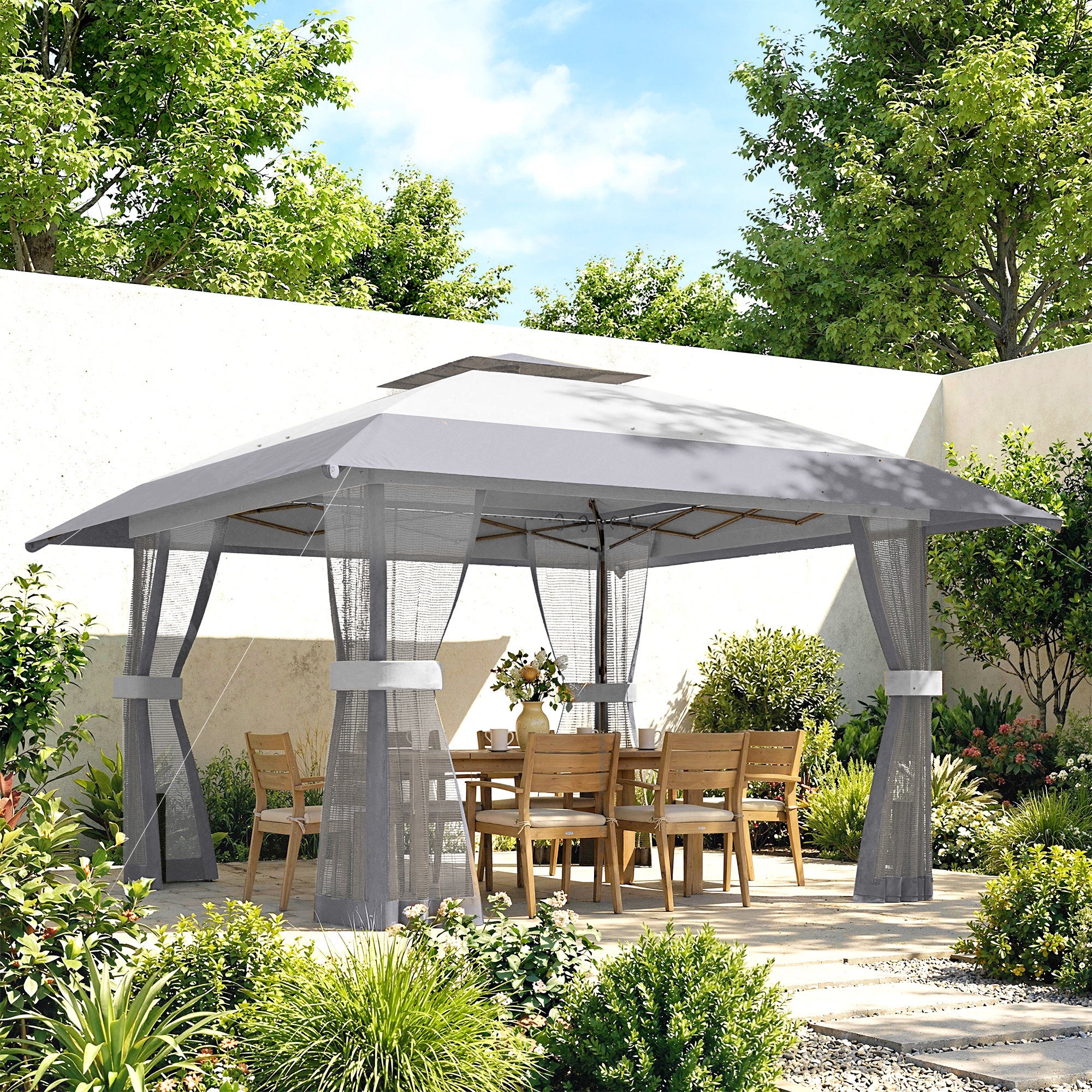 Outsunny Carpa Plegable 4x4 m, Pop-up, con Doble Techo, 4 Paredes Laterales de Malla, Cenador de Jardín con Altura Ajustable 3 Niveles, Bolsa de Transporte, UPF30+, Gazebo para Camping, Fiestas, Gris