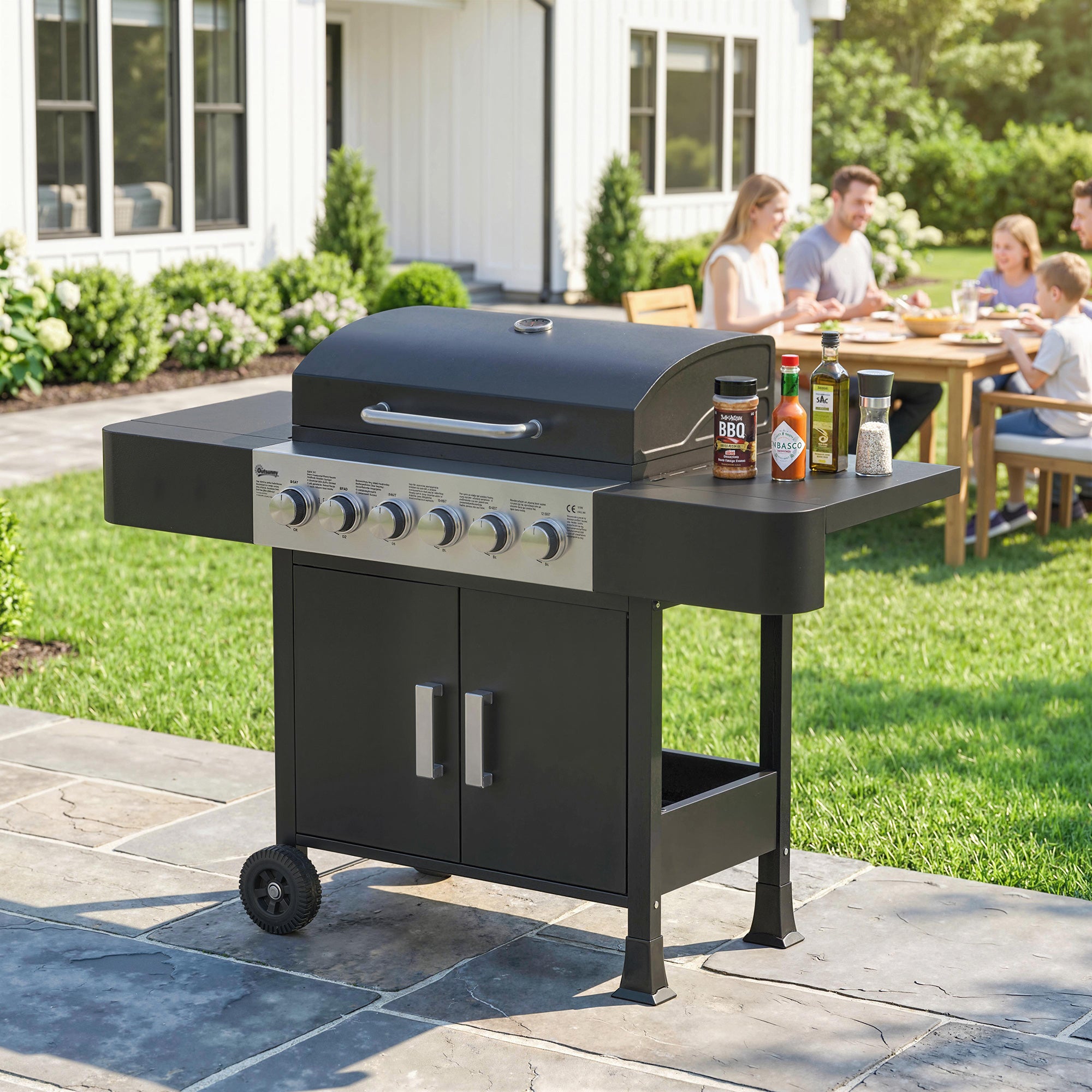 Outsunny Barbacoa de Gas BBQ Gas con 6 Quemadores 15 kW Barbacoa Portátil con Termómetro Tapa 2 Mesas Laterales Armario Rejilla Calentadora Parrilla Recogedor Grasa Asa 2 Ruedas Negro