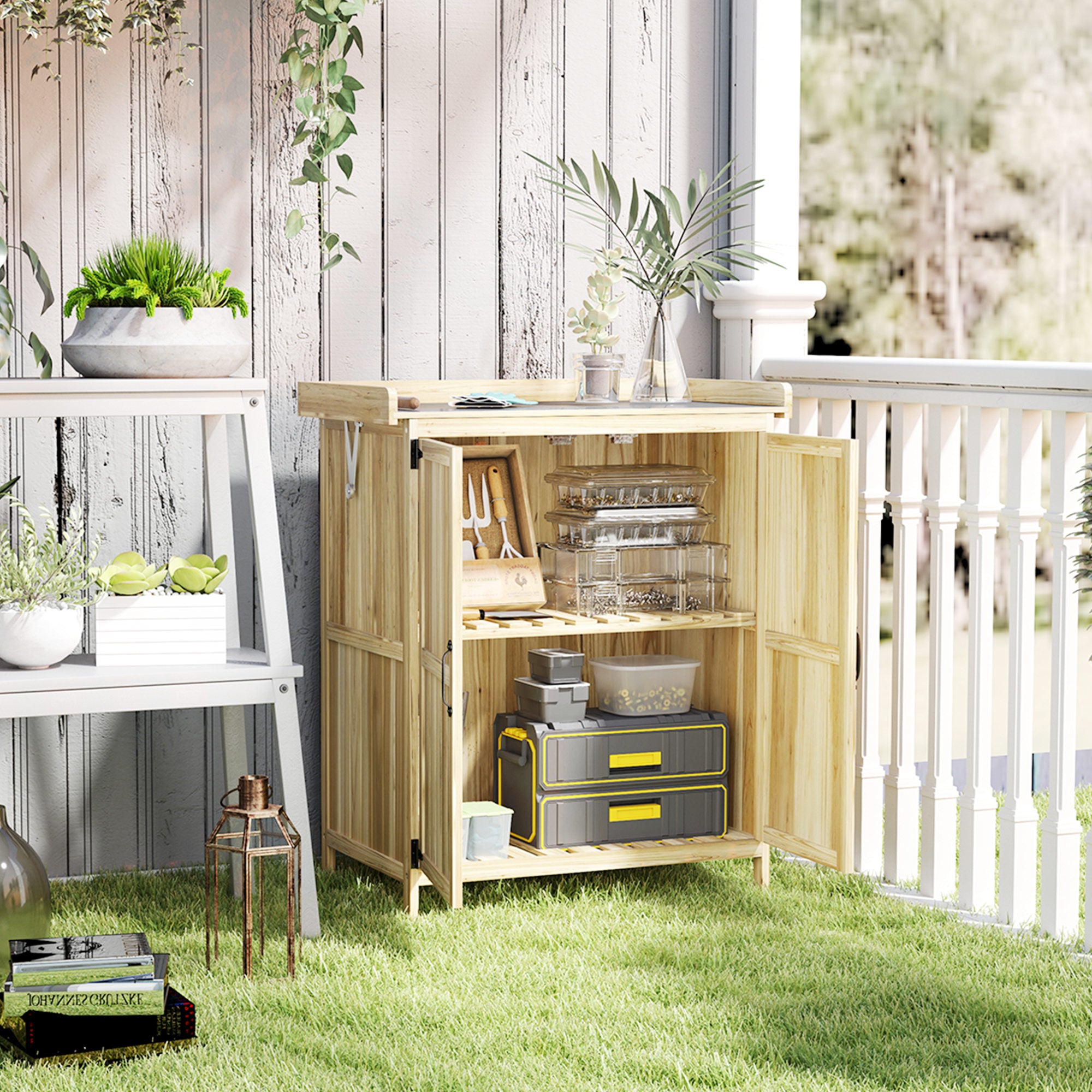 Outsunny Armario de Exterior de Madera, Caseta de Jardín Exterior con Techo Abatible de Acero Inoxidable, Estante, 2 Puertas, Cobertizo de Jardín para Almacenamiento Herramientas, 74x43x88 cm, Natural