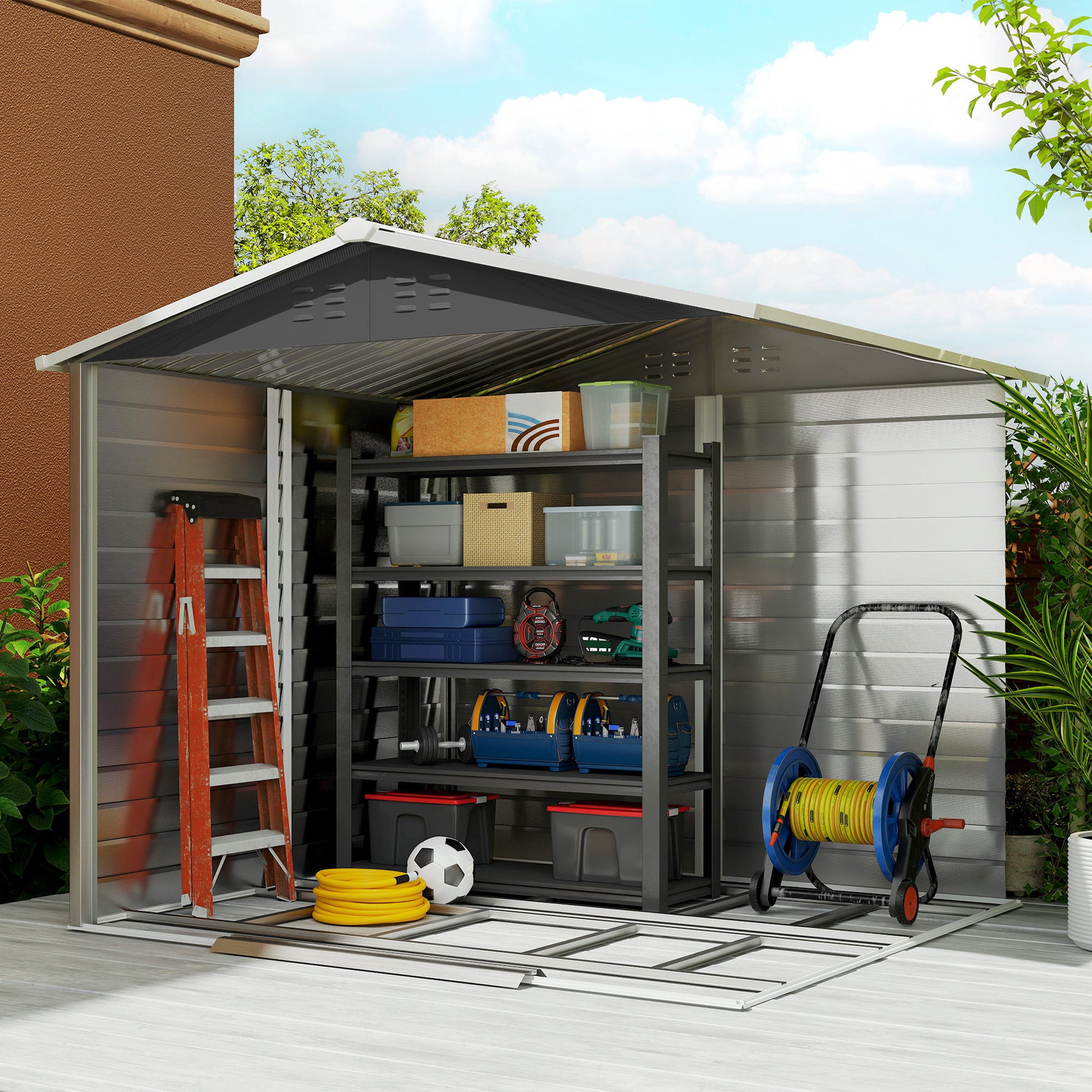 Outsunny Caseta de Jardín Exterior 4,4 m², 240x206x198 cm, Cobertizo de Jardín Exterior Metálico con Base Refuerzo (Suelo NO Incluido), Puerta Corredera con Cerradura y 4 Ventanas para Patio, Gris
