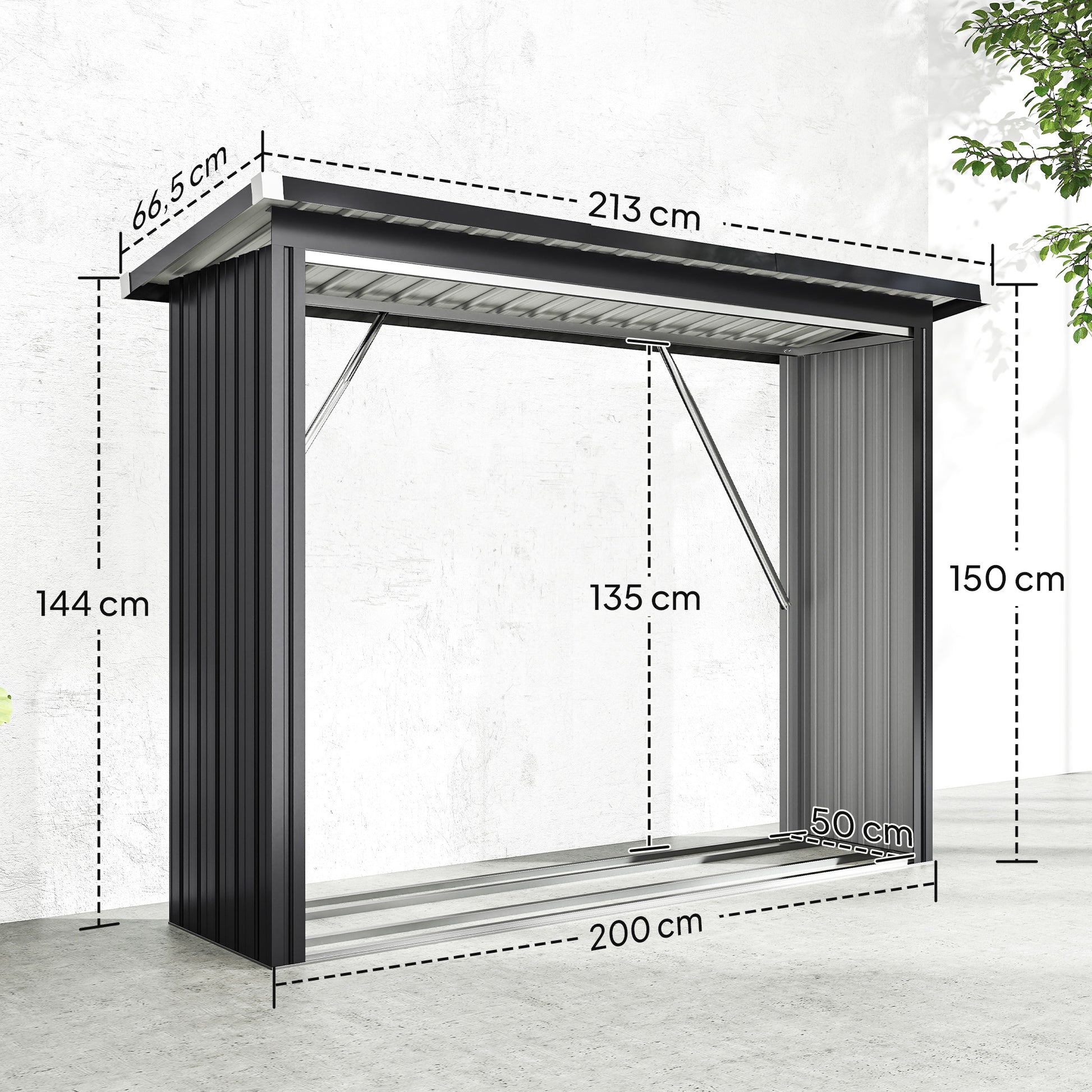 Outsunny Casetilla para Leña de Acero Galvanizado, Cobertizo Leñero Exterior de Almacenamiento de Troncos, con Base Elevada y Techo Inclinado, 213x66,5x150 cm, Gris Oscuro