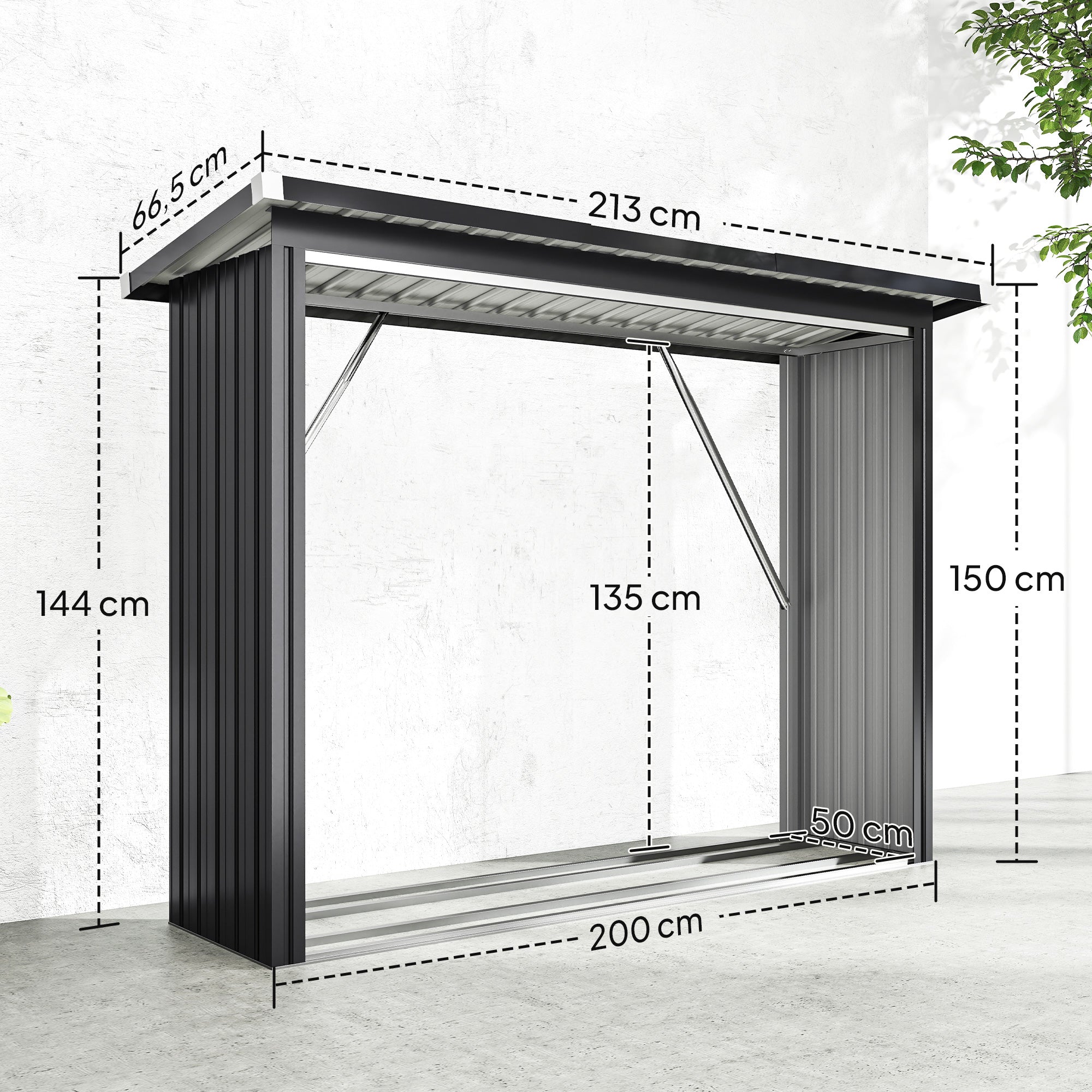 Outsunny Casetilla para Leña de Acero Galvanizado, Cobertizo Leñero Exterior de Almacenamiento de Troncos, con Base Elevada y Techo Inclinado, 213x66,5x150 cm, Gris Oscuro