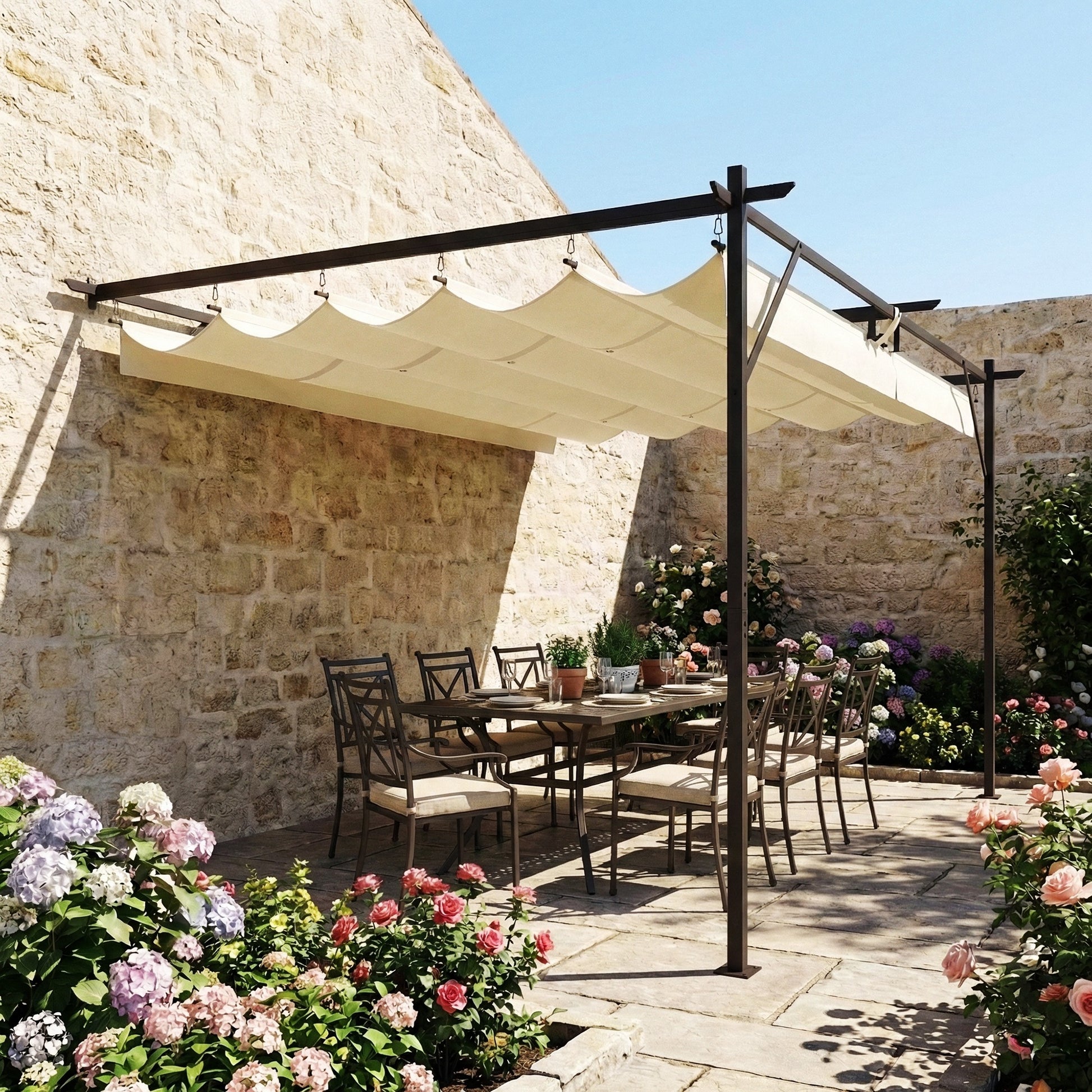 Outsunny Pérgola de Pared de Jardín 4x3 m, Cenador de Jardín con Techo Retráctil, Protección UPF30+, Orificios de Drenaje y Estructura Metálica, Pabellón para Patio, Terraza, Exterior, Blanco Crema