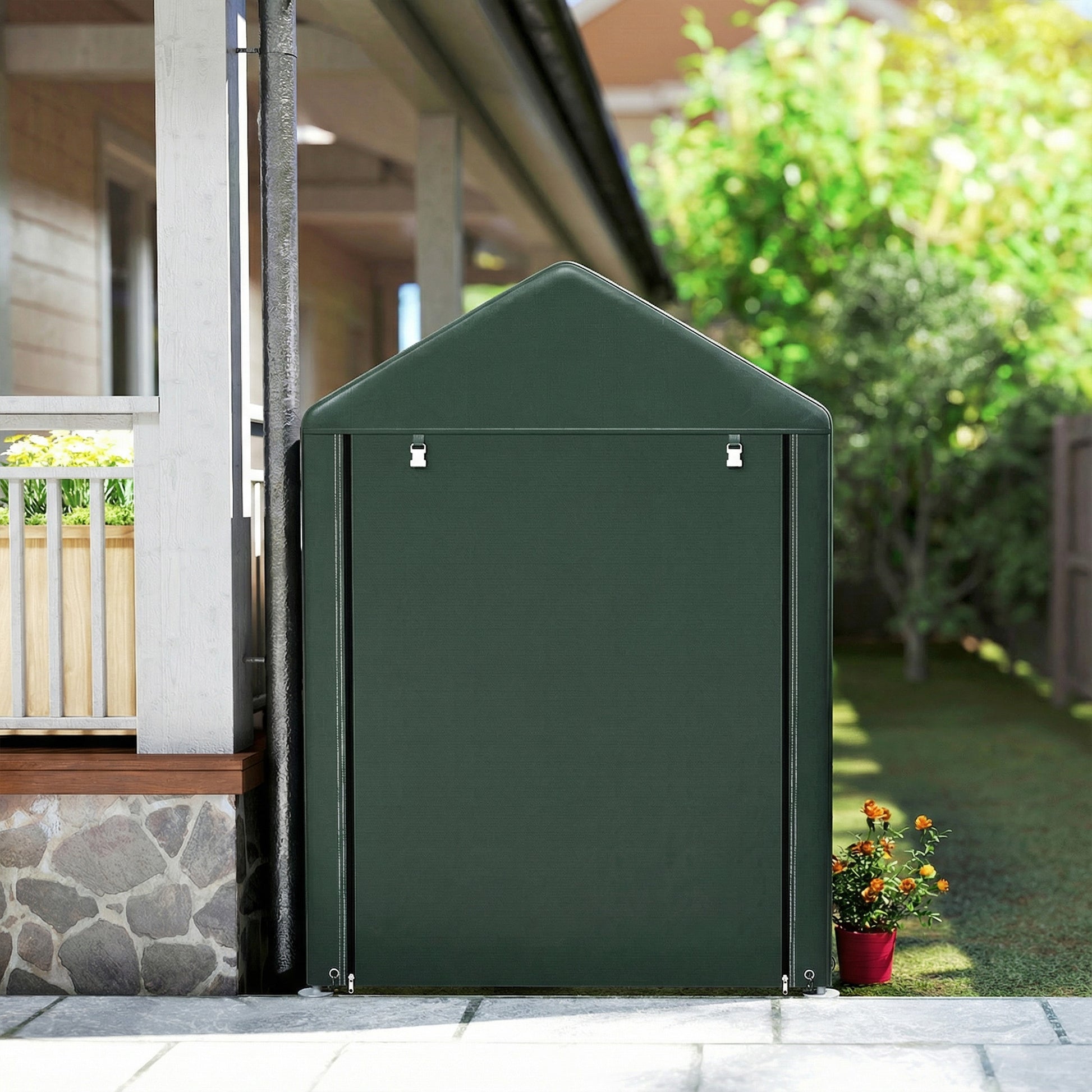 Outsunny Carpa de Jardín Exterior para Herramientas Bicicletas 1,2x1,8x1,65 m, Cobertizo Exterior con 2 Habitaciones, Puerta Enrollable con Cremallera, Impermeable Anti-UV, Garaje Portátil, Verde