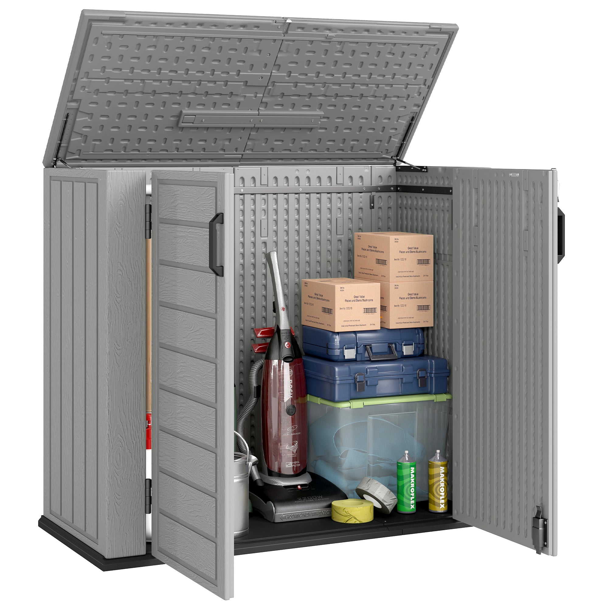 Outsunny Armario de Exterior de HDPE, 940L, Caseta de Jardín Exterior con Tapa Abatible, 2 Puertas, Cerradura, Cobertizo de Jardín para Almacenaje Herramientas, 142x67x119 cm, Gris Claro