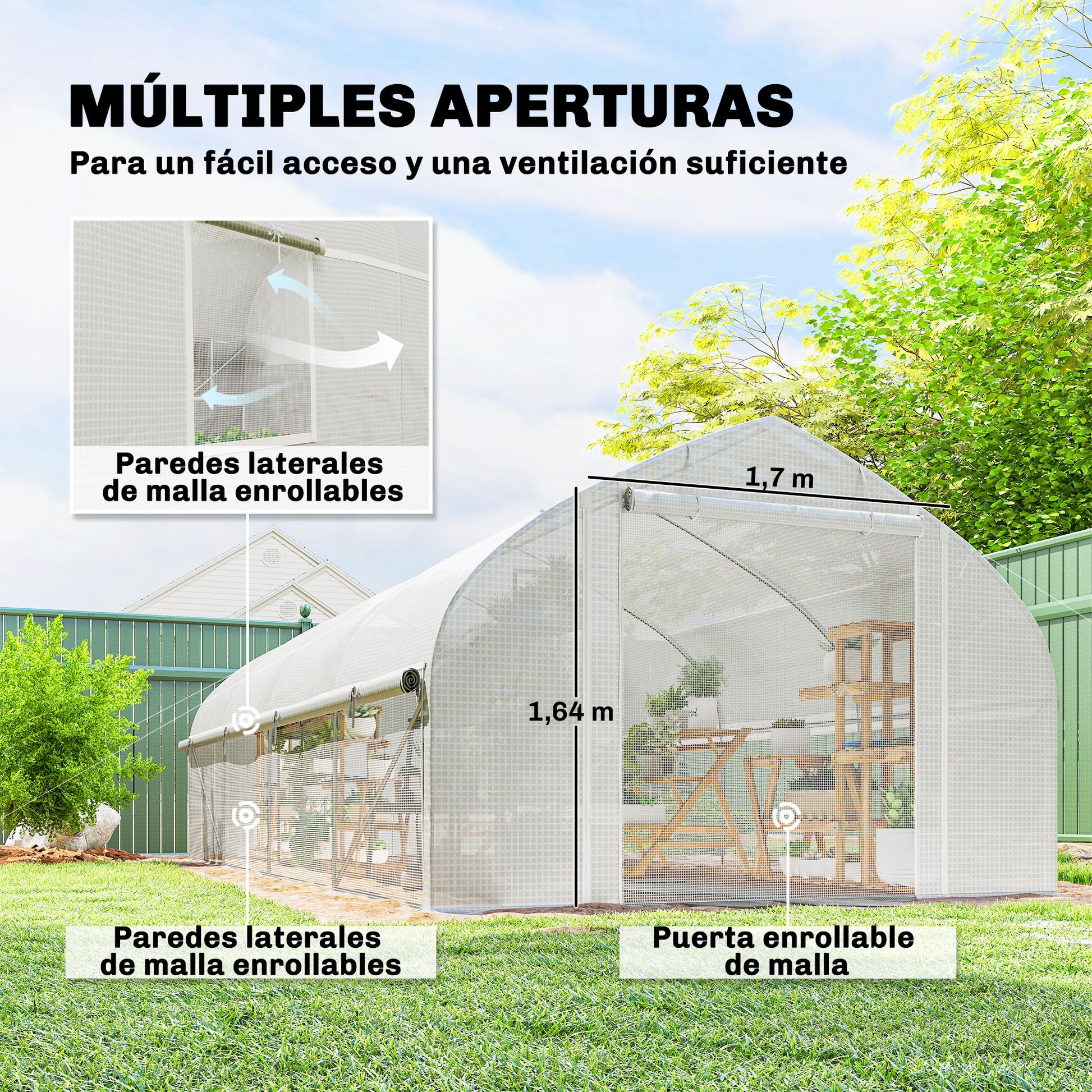 Outsunny Invernadero de Exterior, 6x3x2 m, Invernadero de Túnel con 8 Ventanas, Cubierta de PE, Anti-UV y Puerta Enrollable con Cremallera, Paredes Laterales con Malla, para Cultivos, Plantas, Blanco
