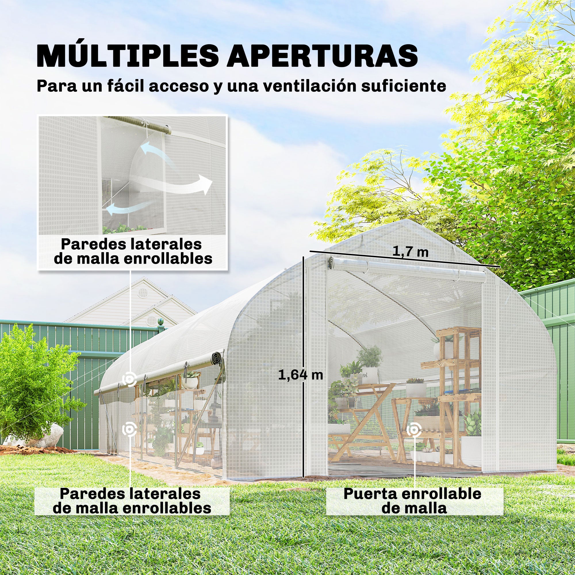 Outsunny Invernadero de Exterior, 6x3x2 m, Invernadero de Túnel con 8 Ventanas, Cubierta de PE, Anti-UV y Puerta Enrollable con Cremallera, Paredes Laterales con Malla, para Cultivos, Plantas, Blanco