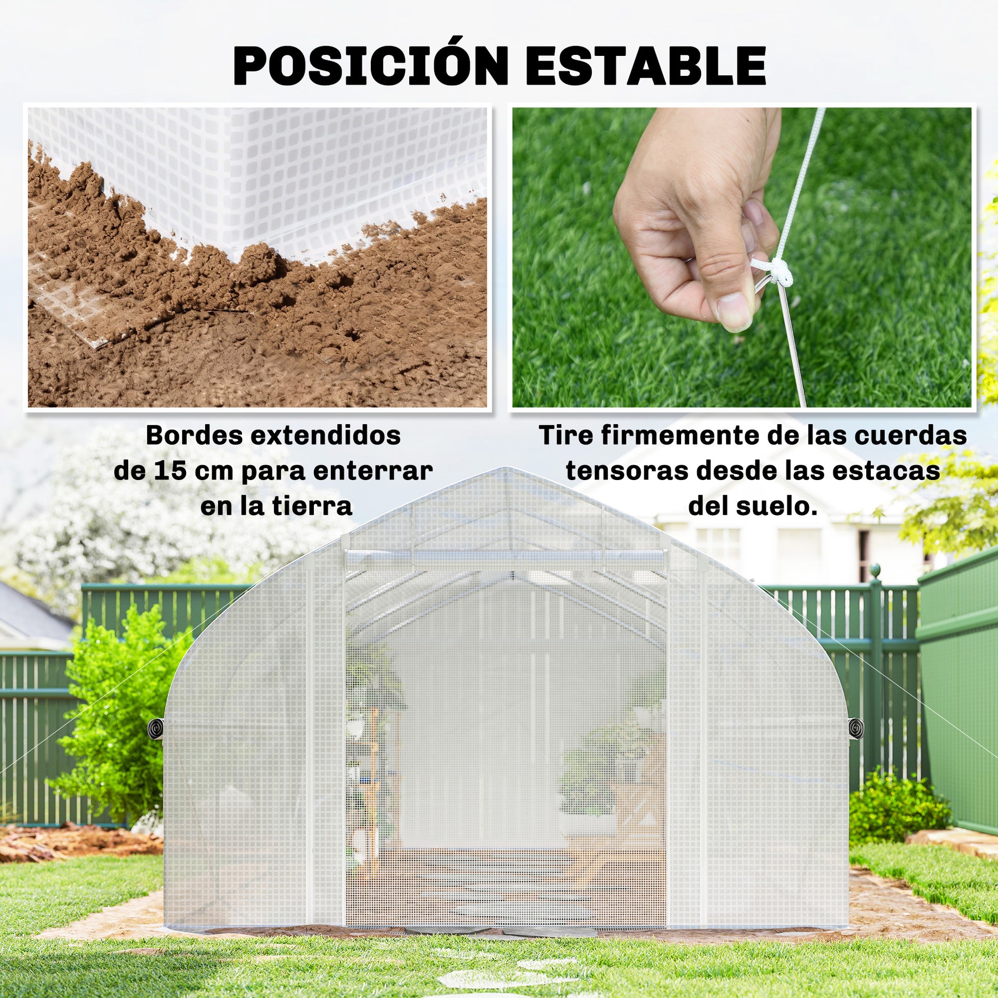 Outsunny Invernadero de Exterior, 6x3x2 m, Invernadero de Túnel con 8 Ventanas, Cubierta de PE, Anti-UV y Puerta Enrollable con Cremallera, Paredes Laterales con Malla, para Cultivos, Plantas, Blanco