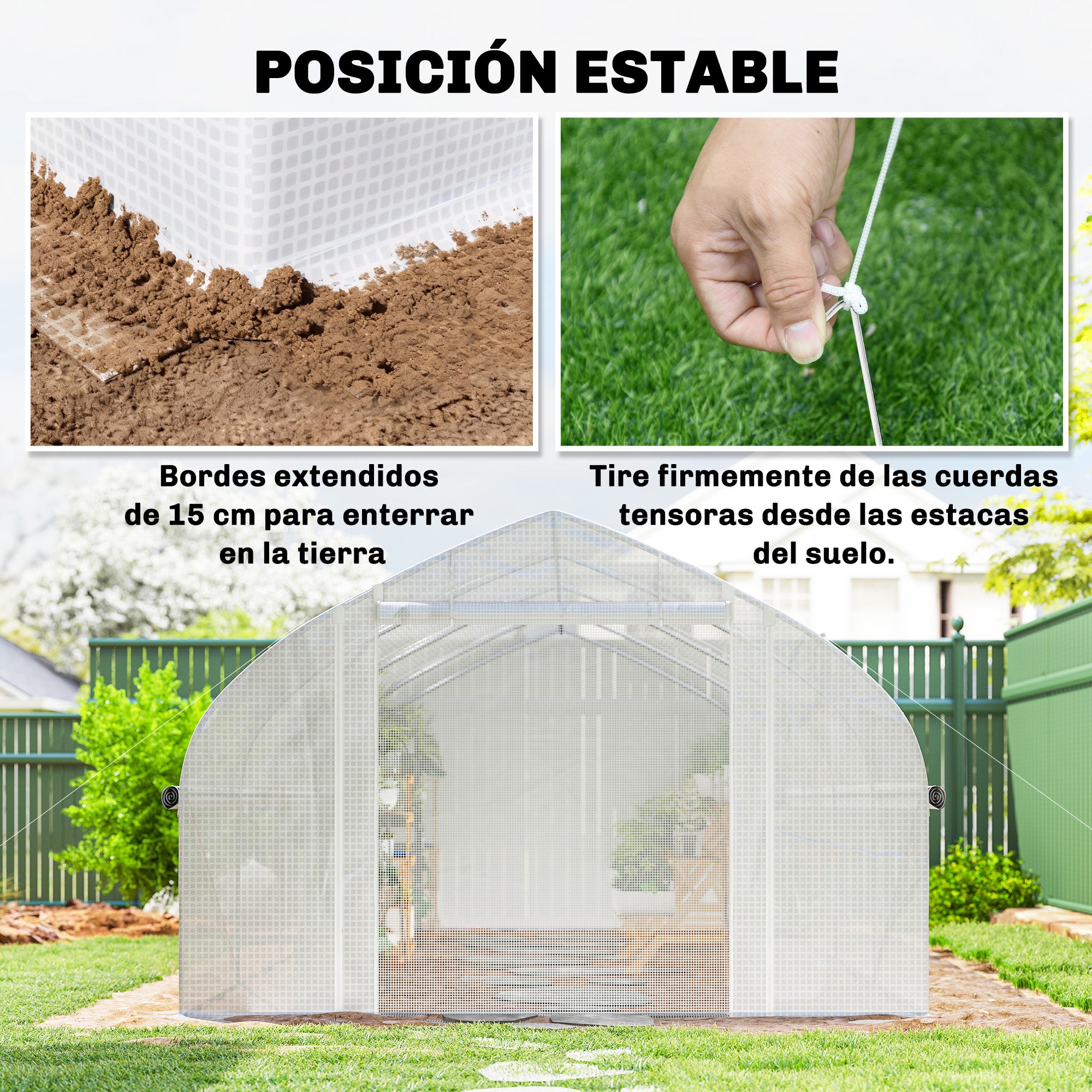 Outsunny Invernadero de Exterior, 6x3x2 m, Invernadero de Túnel con 8 Ventanas, Cubierta de PE, Anti-UV y Puerta Enrollable con Cremallera, Paredes Laterales con Malla, para Cultivos, Plantas, Blanco