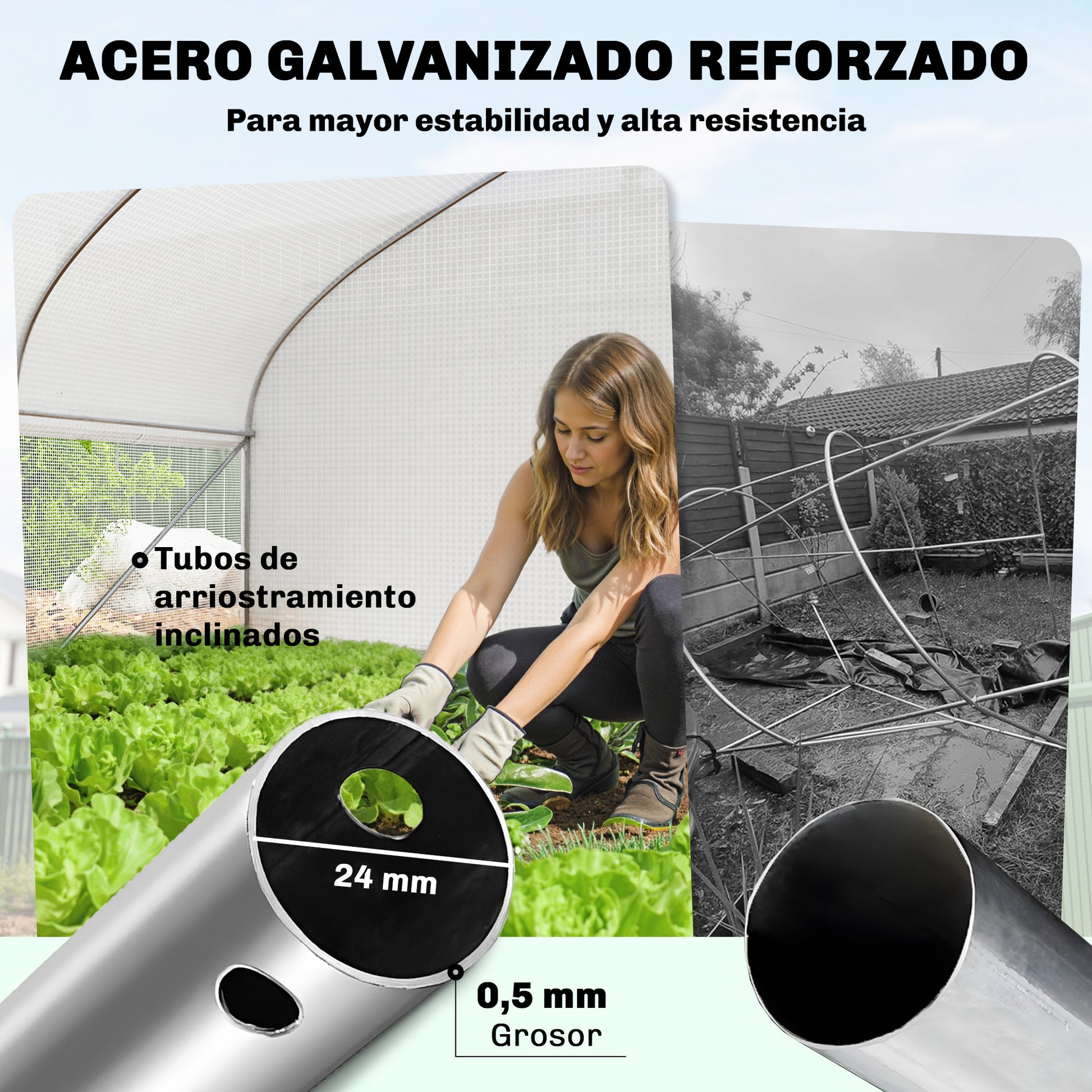 Outsunny Invernadero de Exterior, 6x3x2 m, Invernadero de Túnel con 8 Ventanas, Cubierta de PE, Anti-UV y Puerta Enrollable con Cremallera, Paredes Laterales con Malla, para Cultivos, Plantas, Blanco