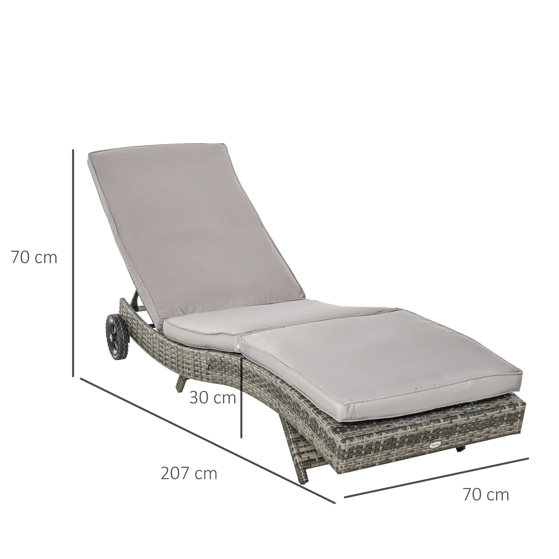 Outsunny Juego de 2 Tumbonas de Ratán Reclinable Tumbonas de Jardín en Forma de S con 2 Ruedas Respaldo Ajustable en 5 Posiciones y Cojín Extraíble para Patio Terraza 207x70x70 cm Gris Claro