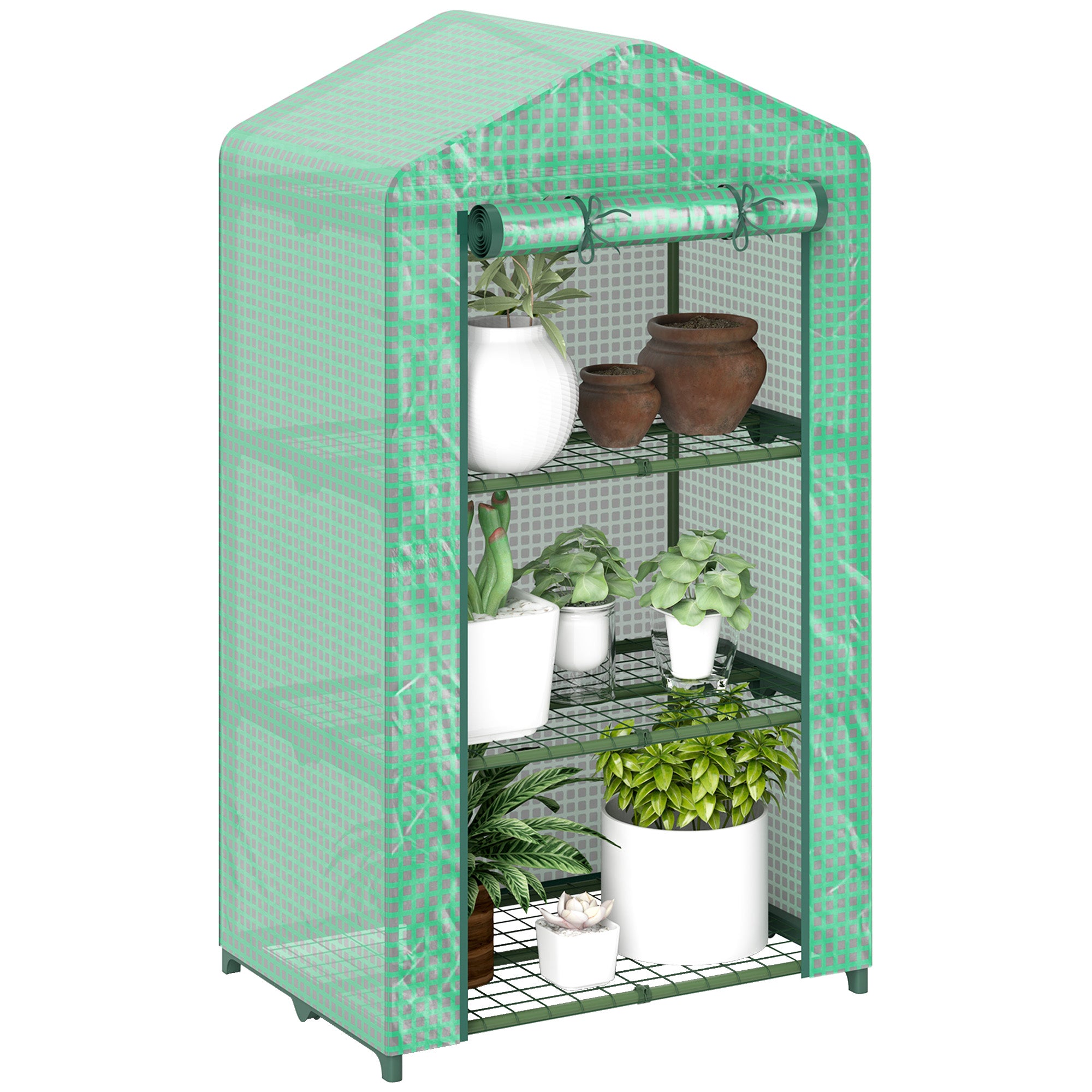 Outsunny Invernadero de Jardín de 3 Niveles, Invernadero de Exterior con 3 Estantes, Puerta Enrollable, Marco de Metal, Cubierta de PE, Anti-UV, Impermeable, para Terraza, Patio, 69x49x125 cm, Verde