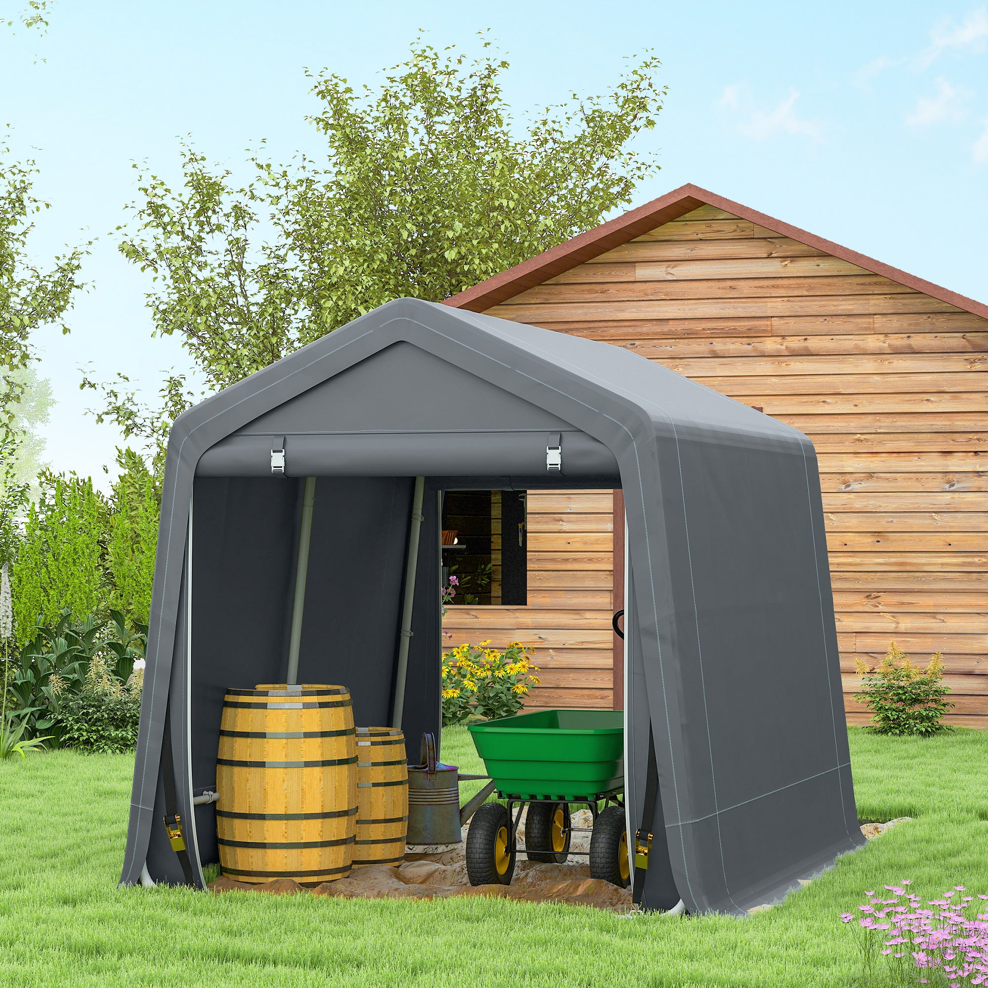 Outsunny Carpa de Jardín Exterior para Herramientas, Bicicletas, 2,4x2x2 m, Cobertizo Exterior con Marco de Metal, 2 Puertas Enrollables con Cremallera, Impermeable, Anti-UV, Garaje Portátil, Gris