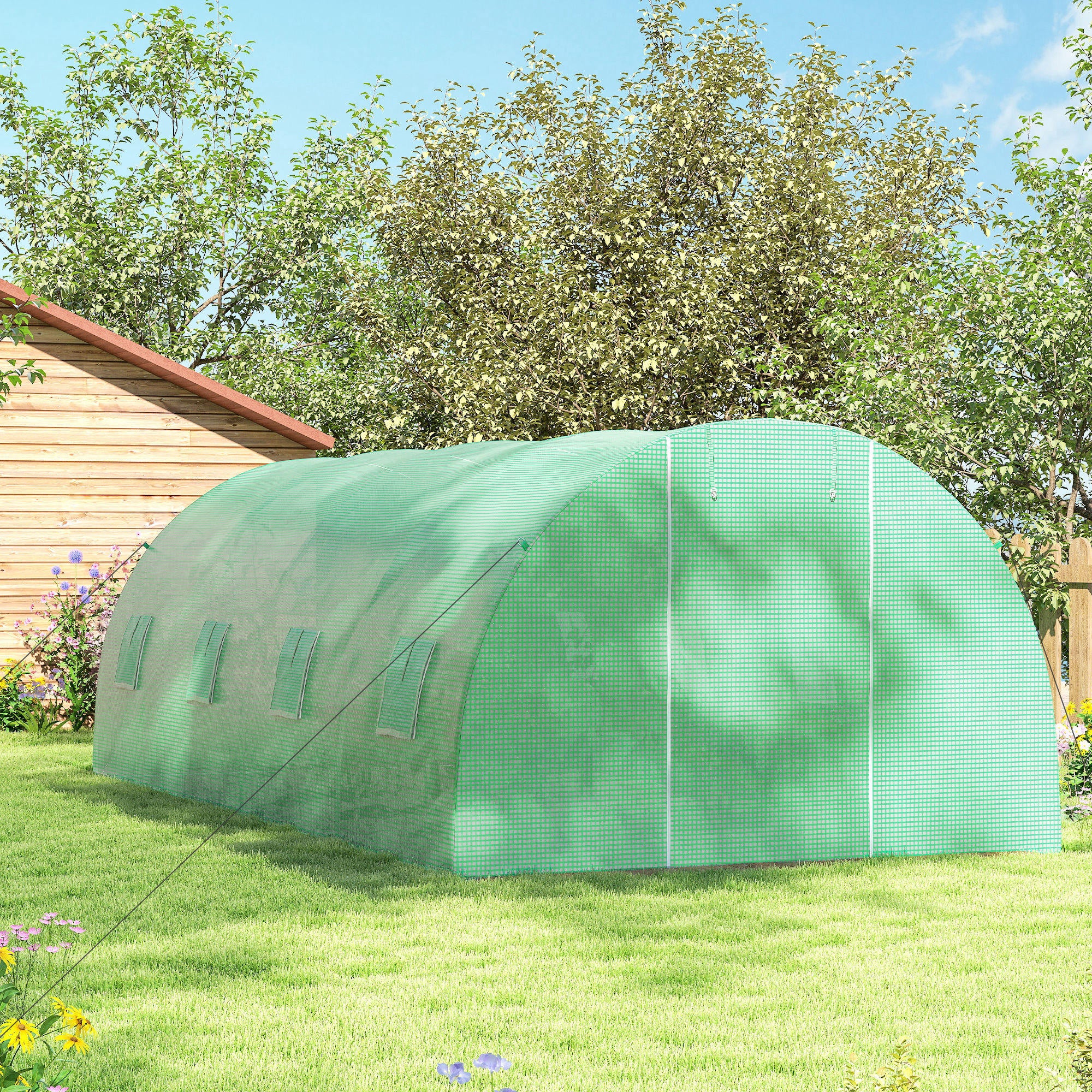 Outsunny Invernadero de Exterior 6x3x2 m, Invernadero de Túnel con Puerta Enrollable, 8 Ventanas de Malla, Cubierta PE 140g/m² y Marco de Acero Galvanizado, Anti-UV, Impermeable, para Cultivos, Verde
