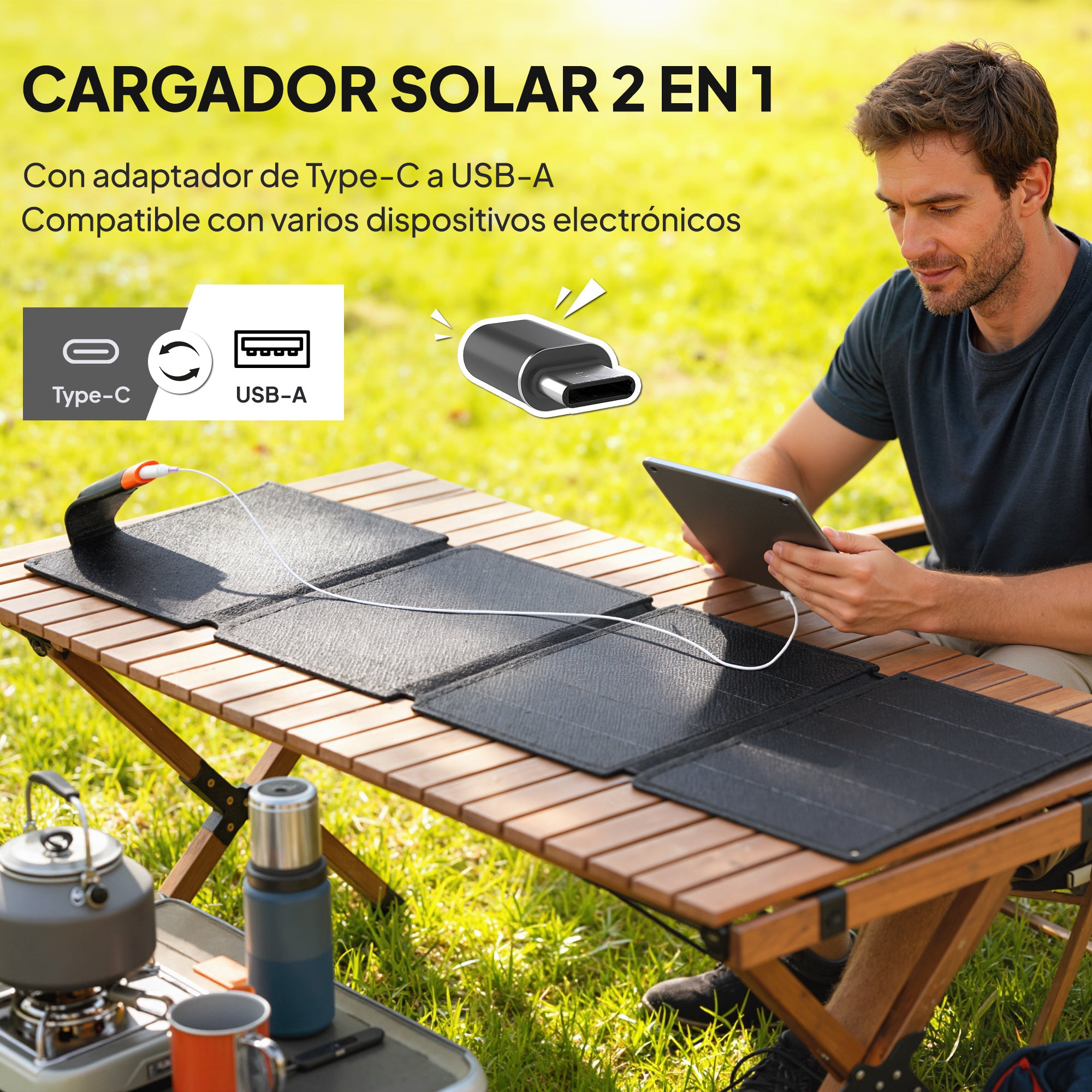 HOMCOM 36W Cargador Solar Plegable, Panel Solar Portátil con Puertos USB-A y Tipo-C, IP67 Impermeable, Placa Solar Plegable con Superficie de ETFE, para Cargar Teléfonos, Tablets, Camping y Senderismo