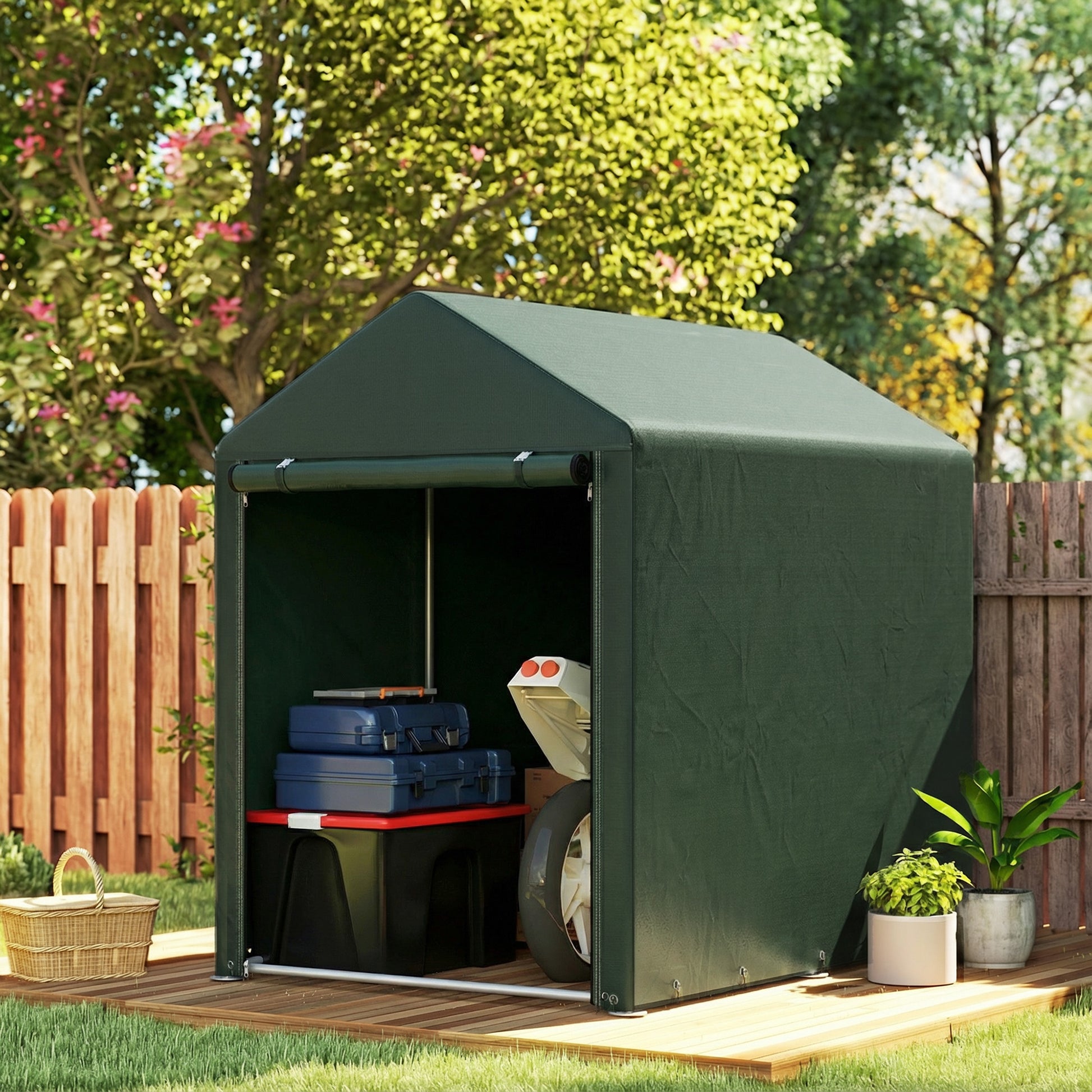 Outsunny Carpa de Jardín Exterior para Herramientas Bicicletas 1,2x1,8x1,65 m, Cobertizo Exterior con 2 Habitaciones, Puerta Enrollable con Cremallera, Impermeable Anti-UV, Garaje Portátil, Verde