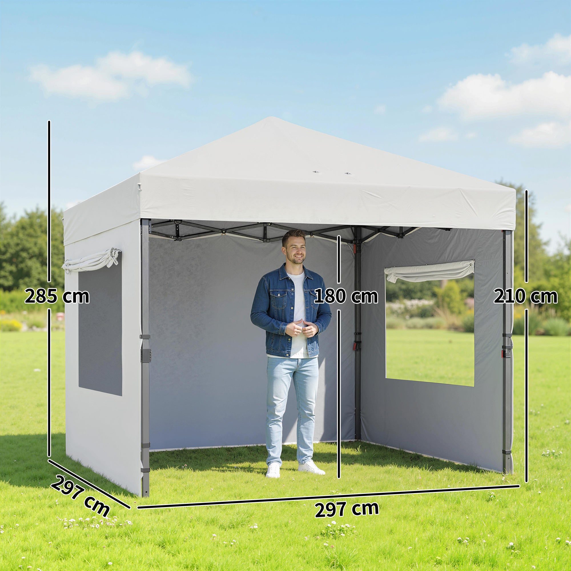 Outsunny Carpa Plegable 3x3 m, Pop-up, Cenador Pabellón de Jardín con 3 Paredes Laterales, 2 Ventanas Malla, UPF50+, Altura Ajustable 3 Niveles, Bolsa Transporte, Sacos Arena, Gazebo Exterior, Blanco
