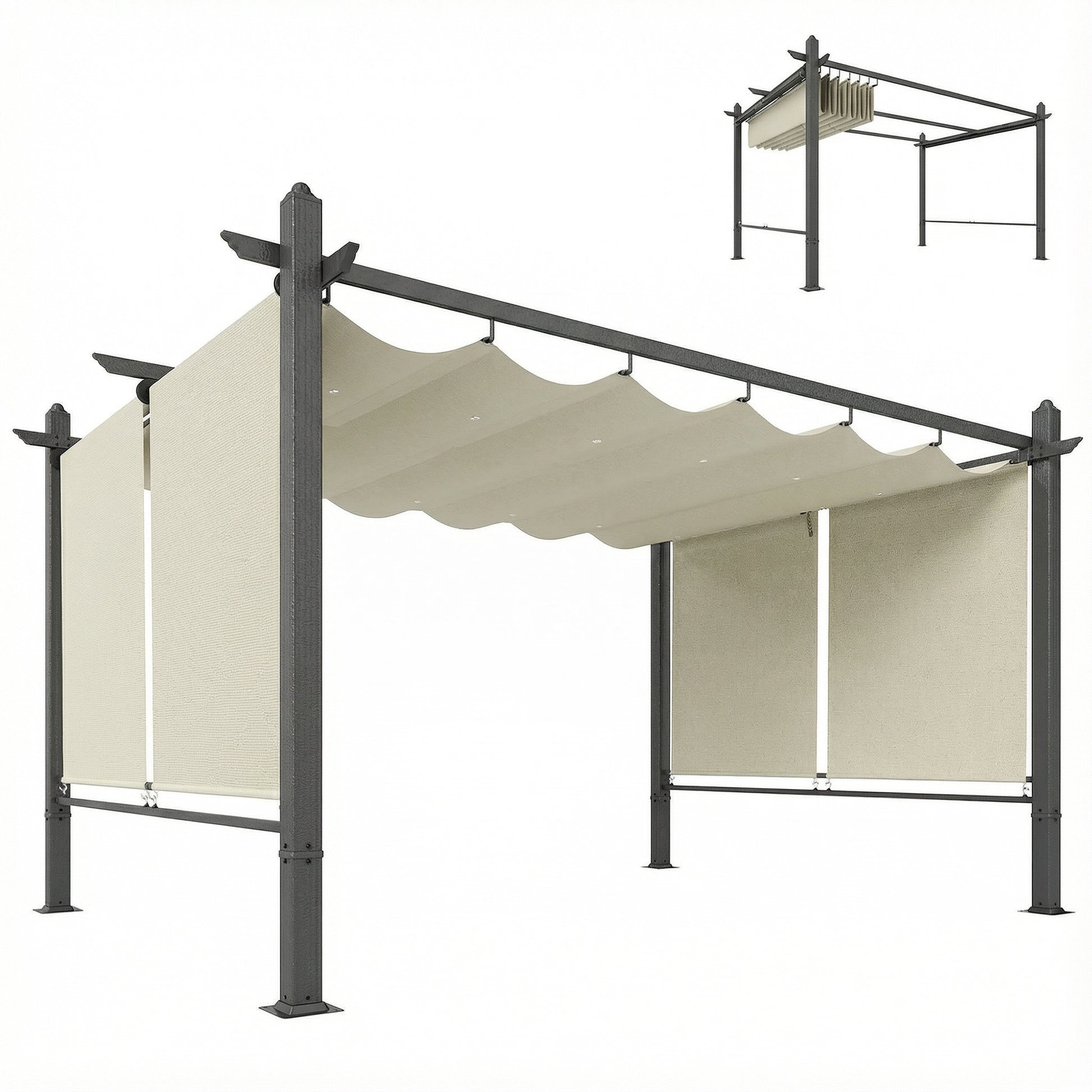 Outsunny Pérgola de Jardín 4x3 m con Techo Retráctil y 4 Cortinas Enrollables Automáticas, Cenador de Jardín con Protección UV50+, Estructura de Aluminio, Drenaje, Pabellón para Exterior, Crema