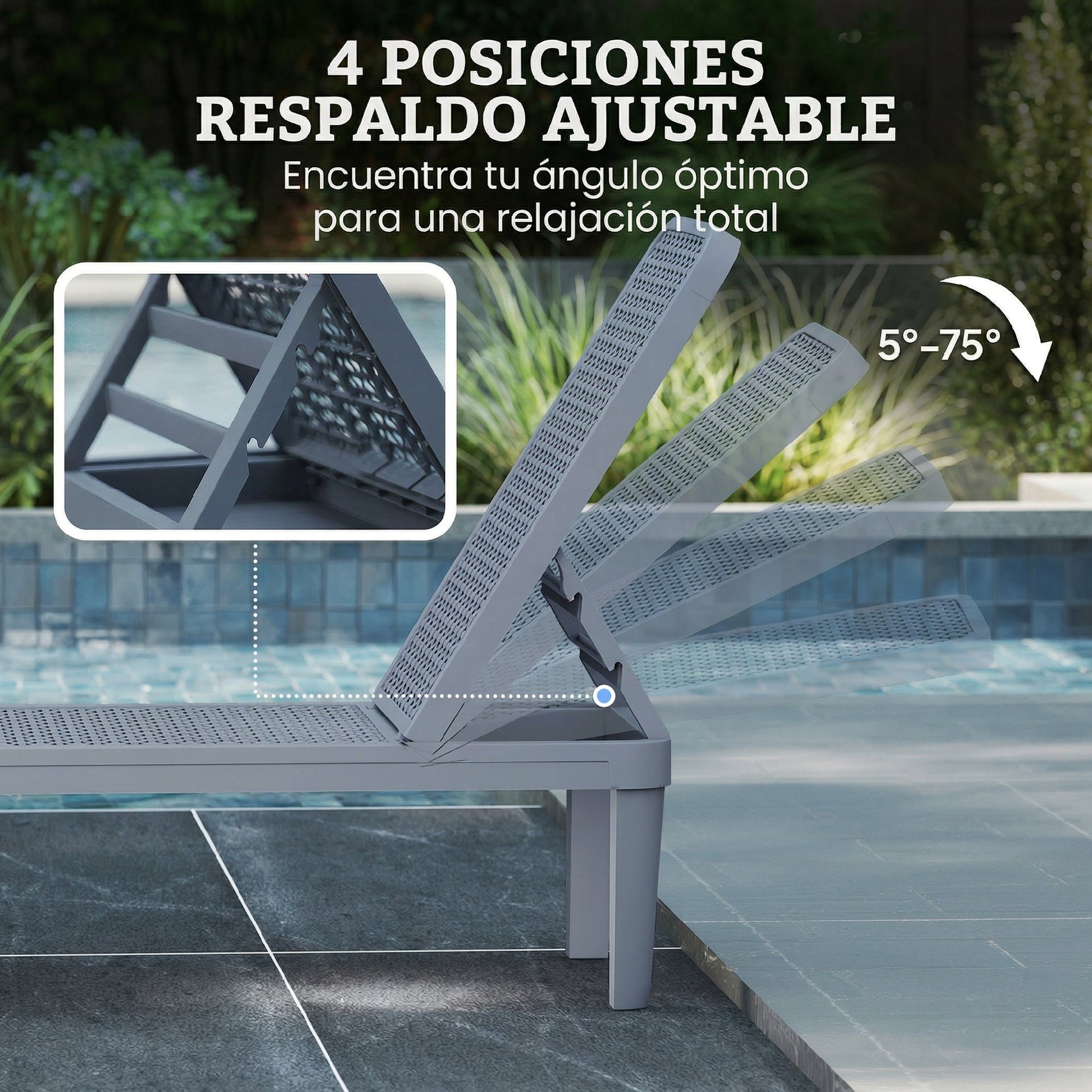 Outsunny Tumbona Reclinable, Tumbona Jardín Exterior de PP con Respaldo Ajustable en 4 Niveles, Carga 120 kg, para Patio, Terraza, Balcón, Montaje Fácil, 191x55x35,5 cm, Gris Oscuro