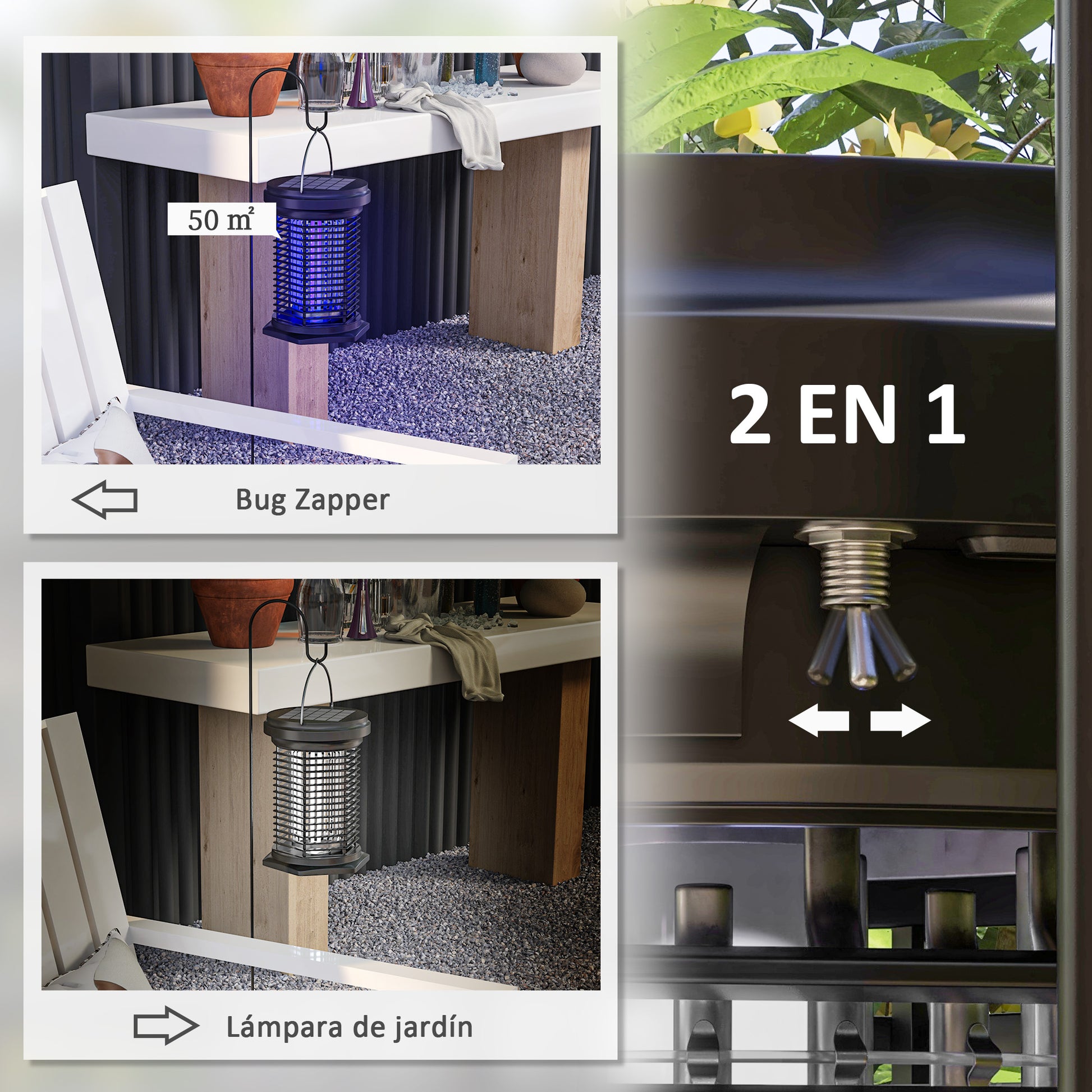 Outsunny Lámpara Antimosquitos Eléctrico 2 en 1 9W Mata Mosquitos Eléctrico con Luces LED UV Recargable Solar USB y Soporte Efecto 30 m² para Jardín Terraza Patio Negro
