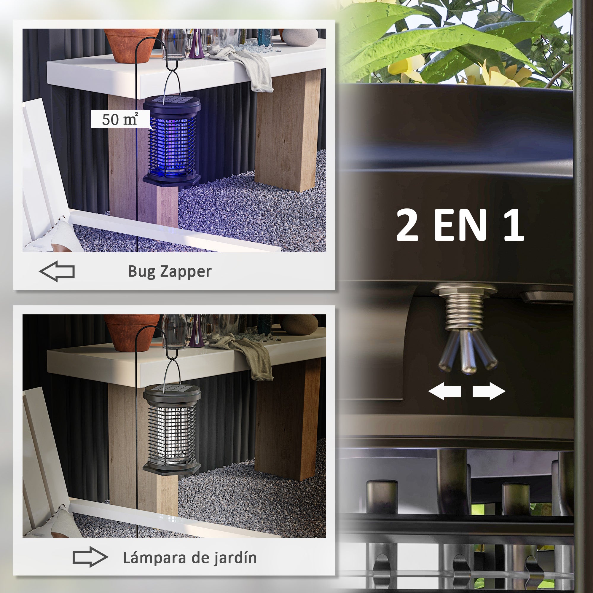 Outsunny Lámpara Antimosquitos Eléctrico 2 en 1 9W Mata Mosquitos Eléctrico con Luces LED UV Recargable Solar USB y Soporte Efecto 30 m² para Jardín Terraza Patio Negro