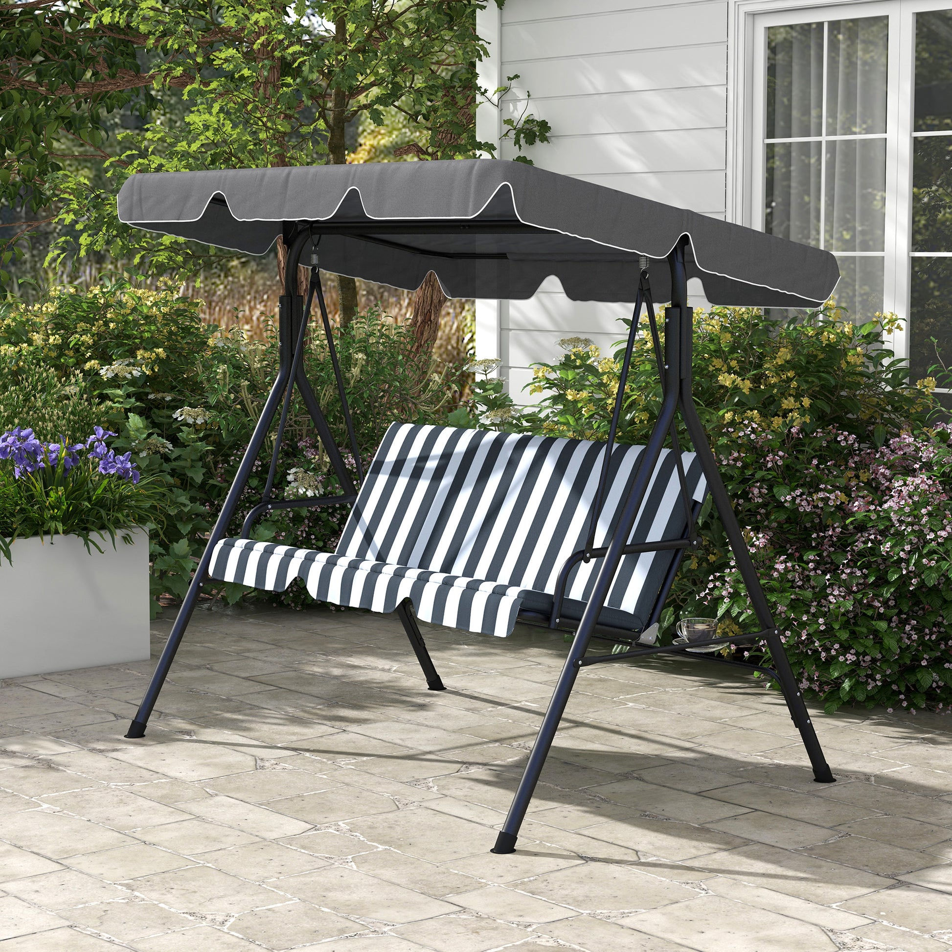 Outsunny Columpio de Jardín Exterior de 3 Plazas, Balancín de Jardín Exterior con Techo Ajustable y Marco de Acero, para Balcón, Terraza, Patio, Carga 240 kg, 172x110x153 cm, Gris y Blanco