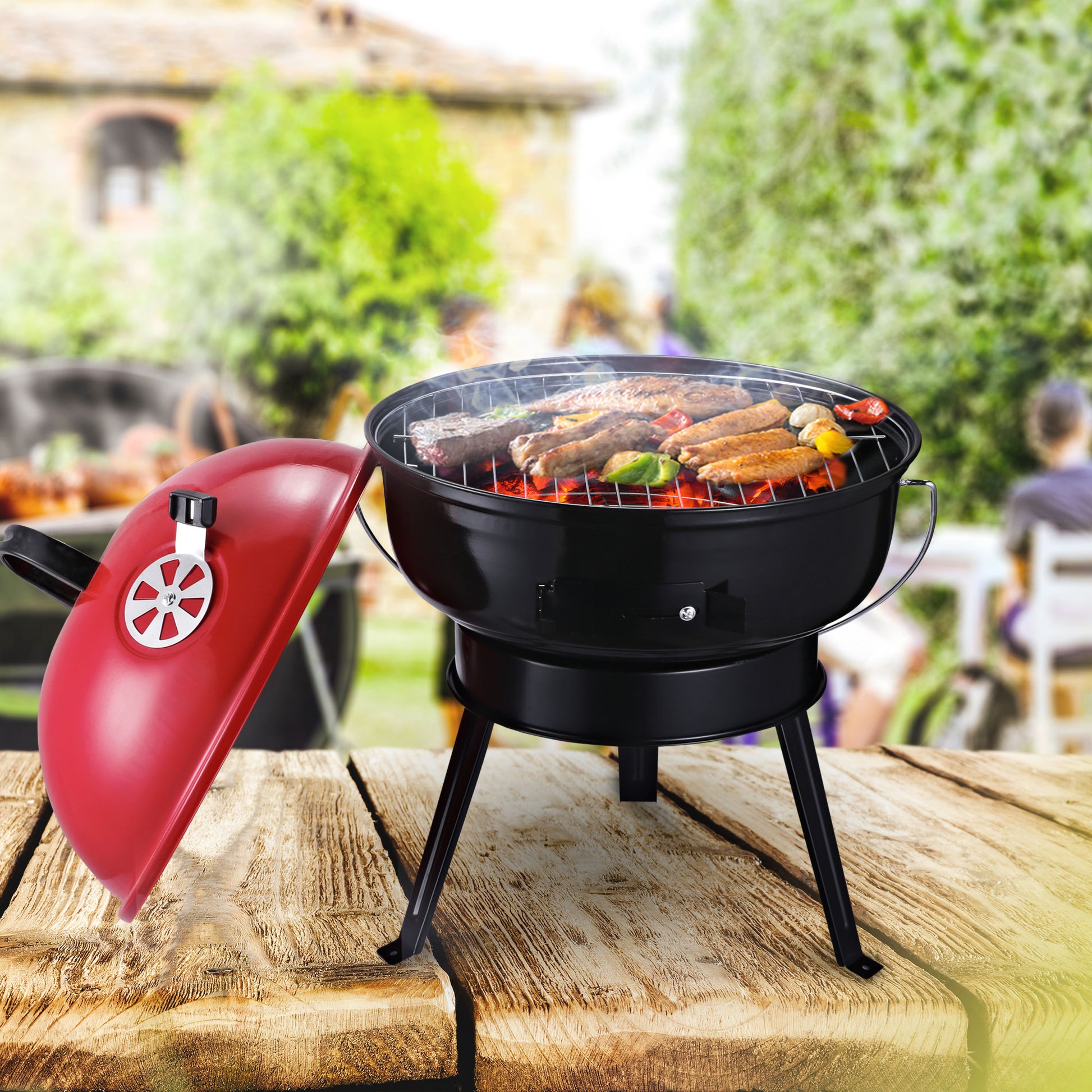 Outsunny Parrilla para Barbacoa de Carbón Portátil con Mango Ahumador Pequeño de Hierro Esmaltado con 3 Patas Antideslizantes Ф36.5x54cm